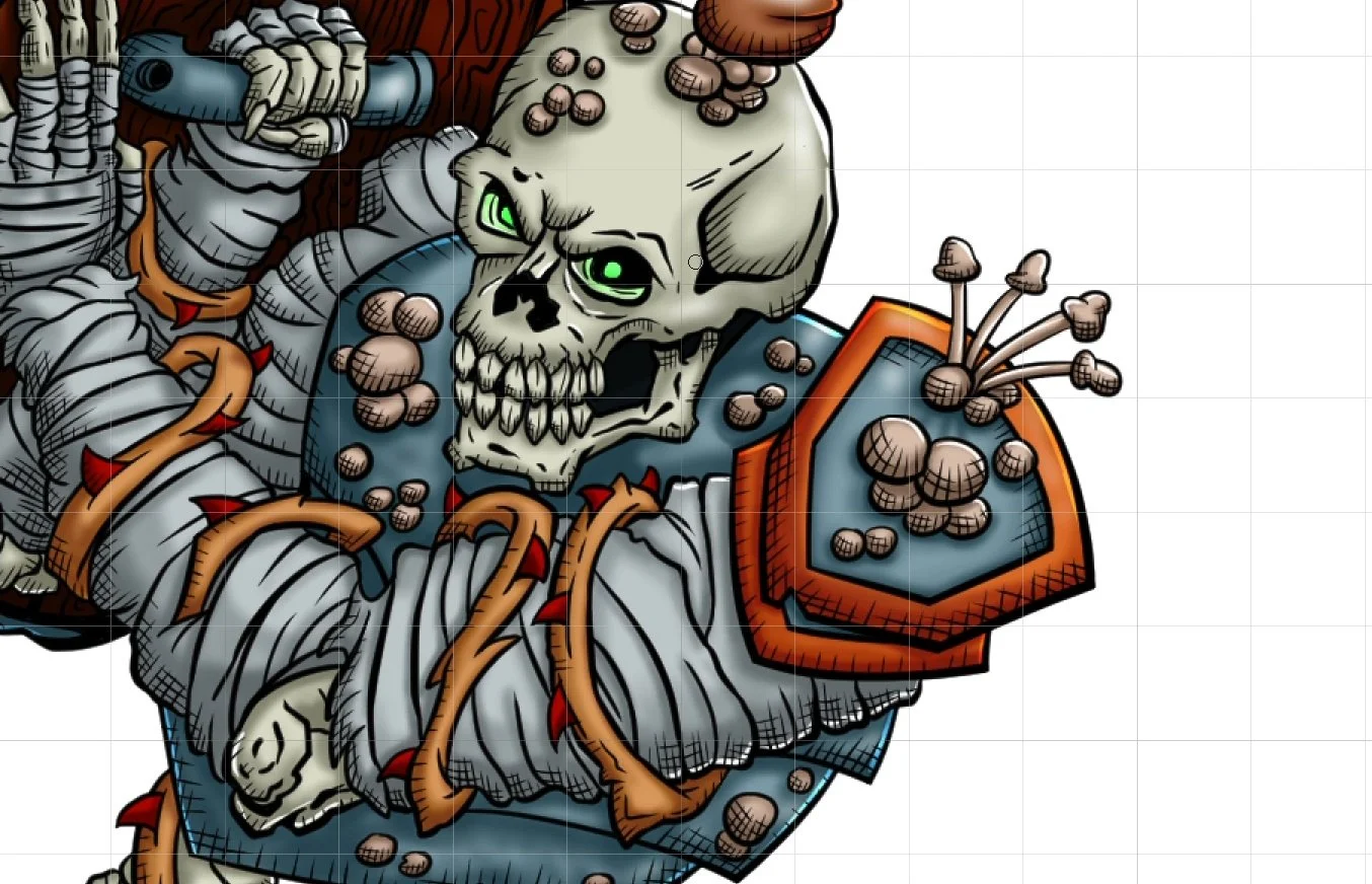 A comic-style illustration of a skeleton warrior wearing a fungus infested armor while blocking a hit with its shield.