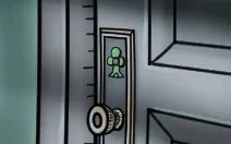 zoomed-in comic drawing of a door knob with a clover sign engraving