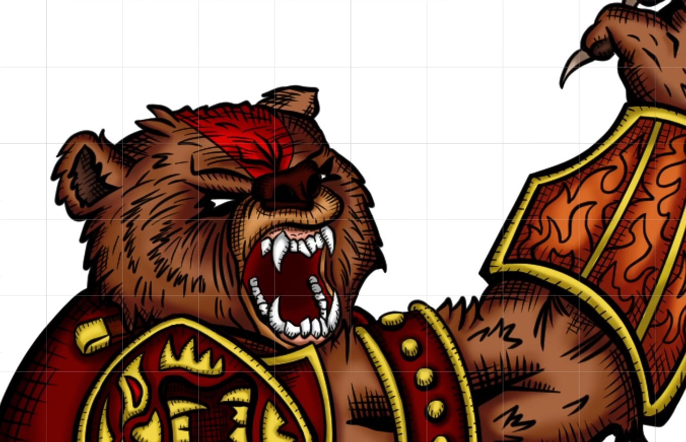 Comic illustration of Magnus the werebear slashing an enemy with his right claw. He is wearing a crimsong armor with yellow decorations.