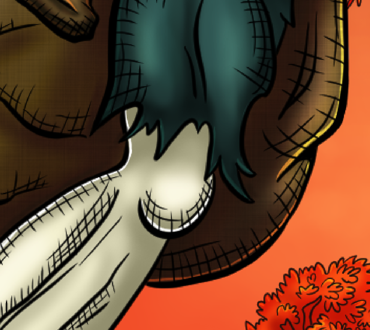 Zoomed-in comic illustration of a ghoul's knee with crosshatching