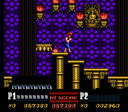 Game screenshot of Double Dragon II stage 4 (the mansion). It features Billy standing on golden steps against a purple background with torches