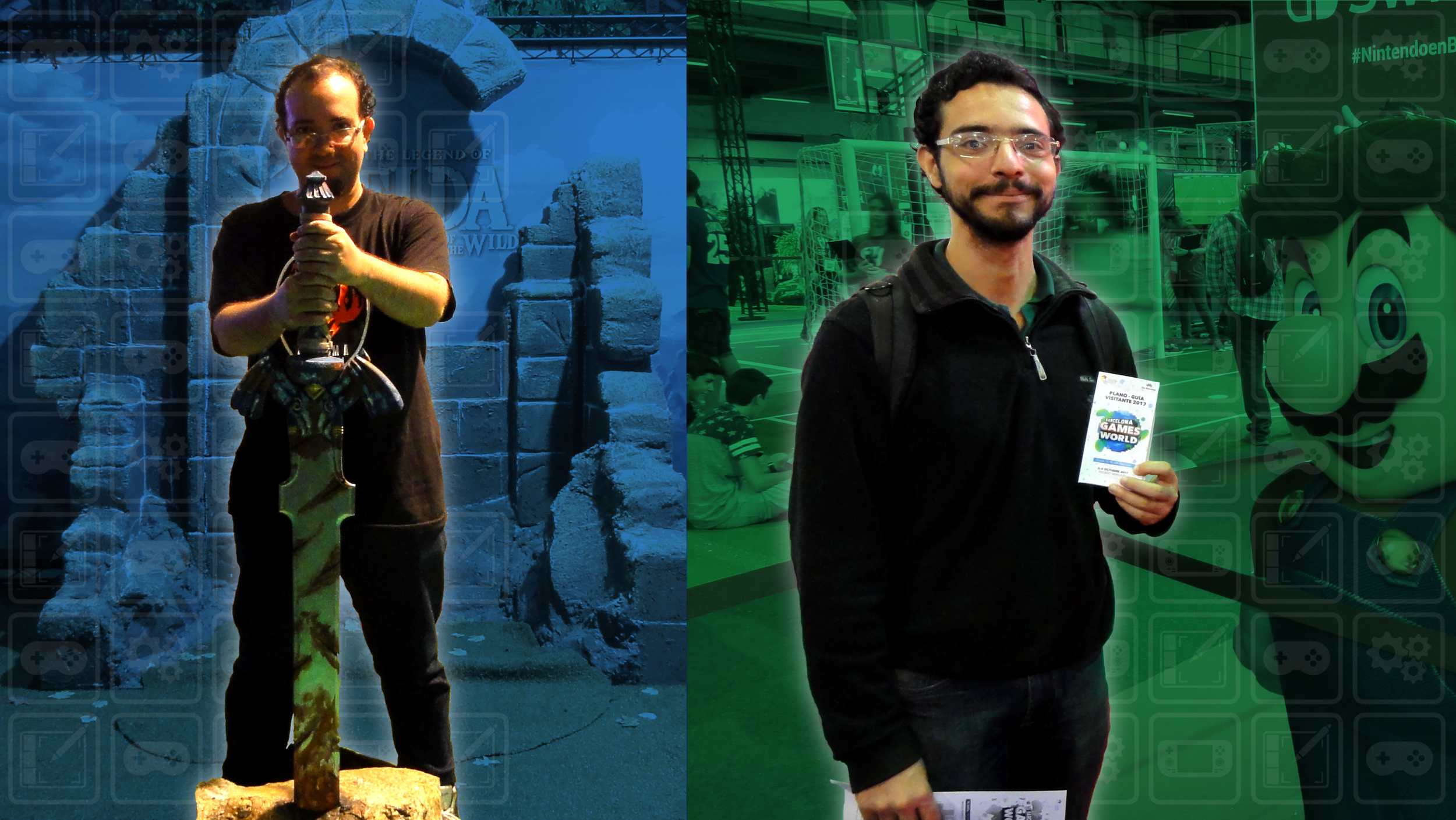 Esteban Matheus and Eleazar Matheus on a gaming expo. Esteban is holding a replica of Link's Sword from TThe Legend of Zelda, and Eleazar is standing next to a Super Mario Odyssey stand.
