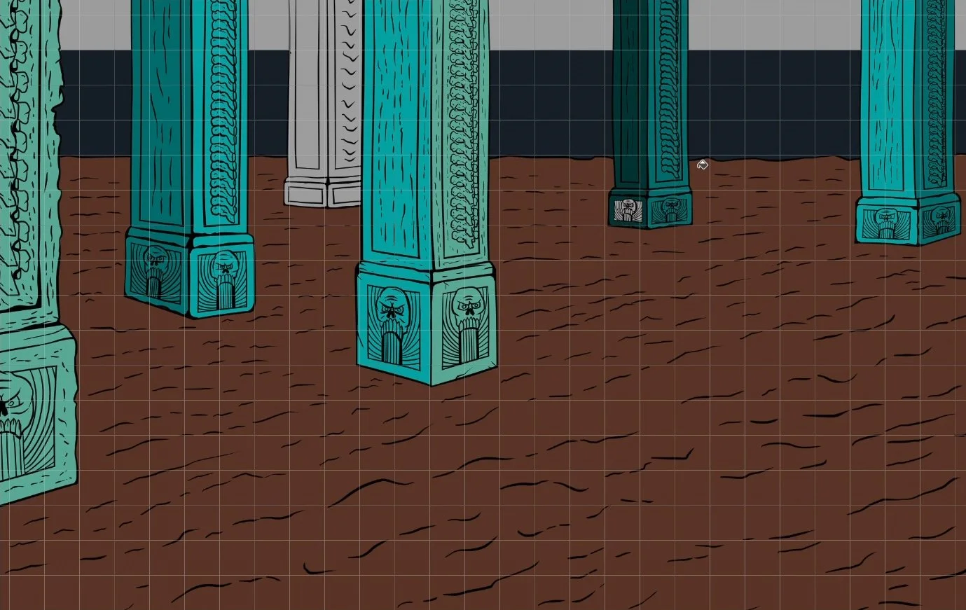 Comic illustration of rows of columns in a dark arena in full-color