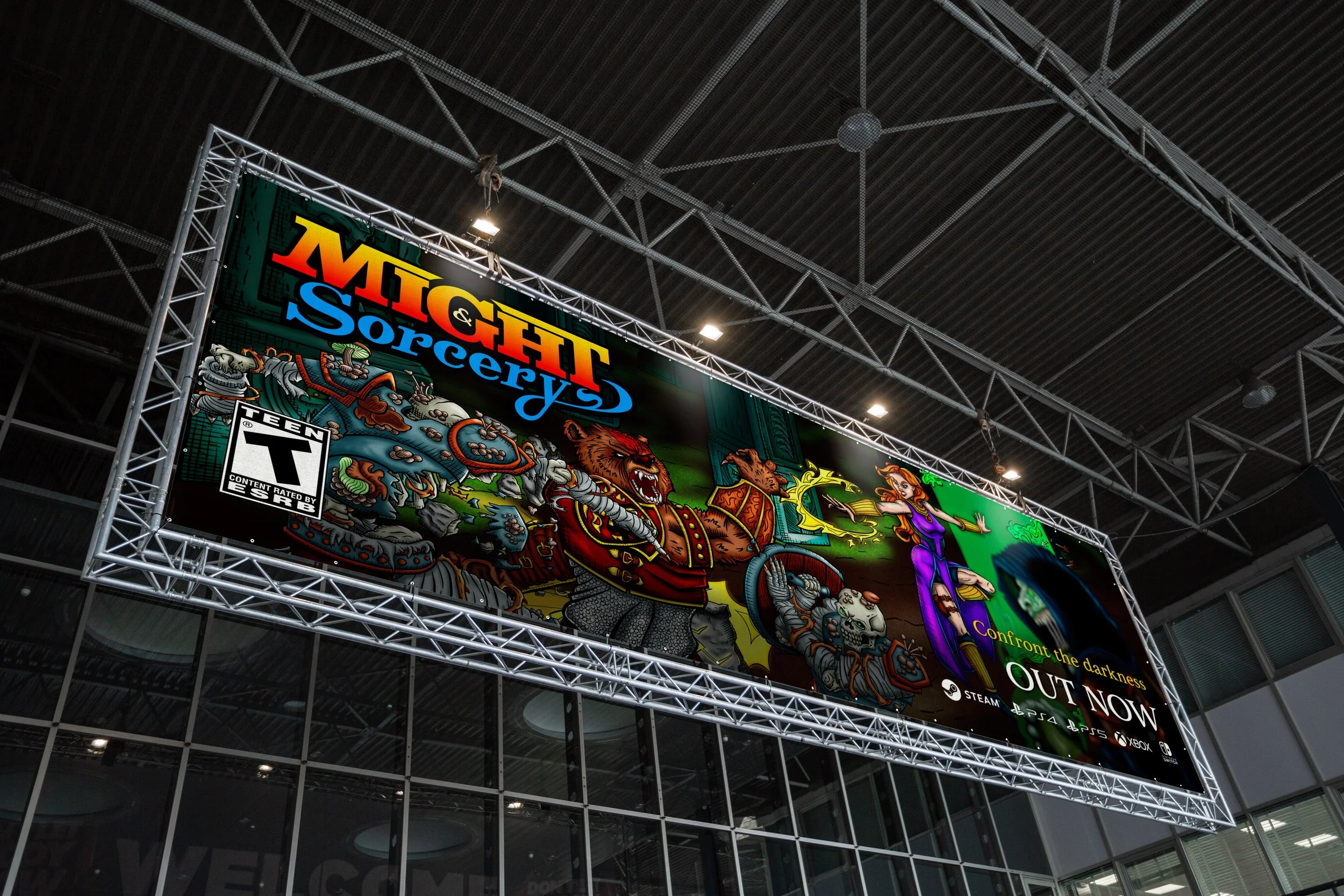 A mockup of a giant banner on a gaming expo featuring the Might & Sorcery cover art.