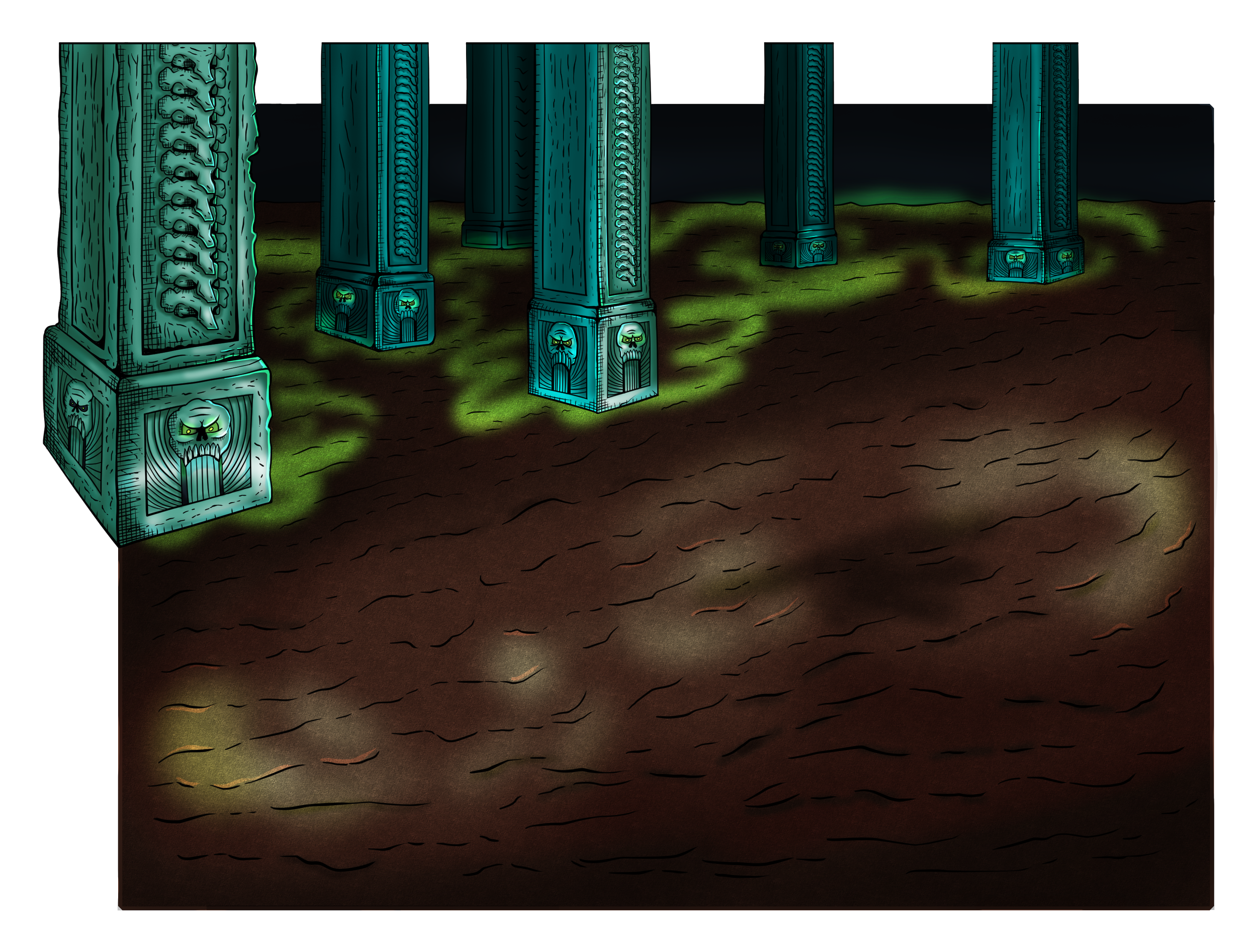 Comic-style illustration of the Tenebris Umbra temple with multiple rows of column decorated with bones and skulls. Theres an eerie green myst enveloping the structures close to the floor.