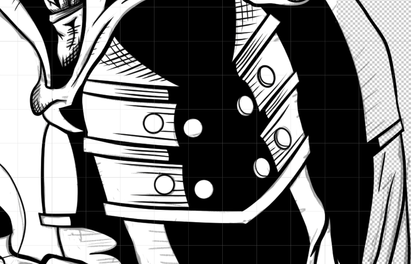 Zoomed in view of a Summoner ink drawing, focusing on the hard shadows and cross-hatching on his left shoulder and arm.