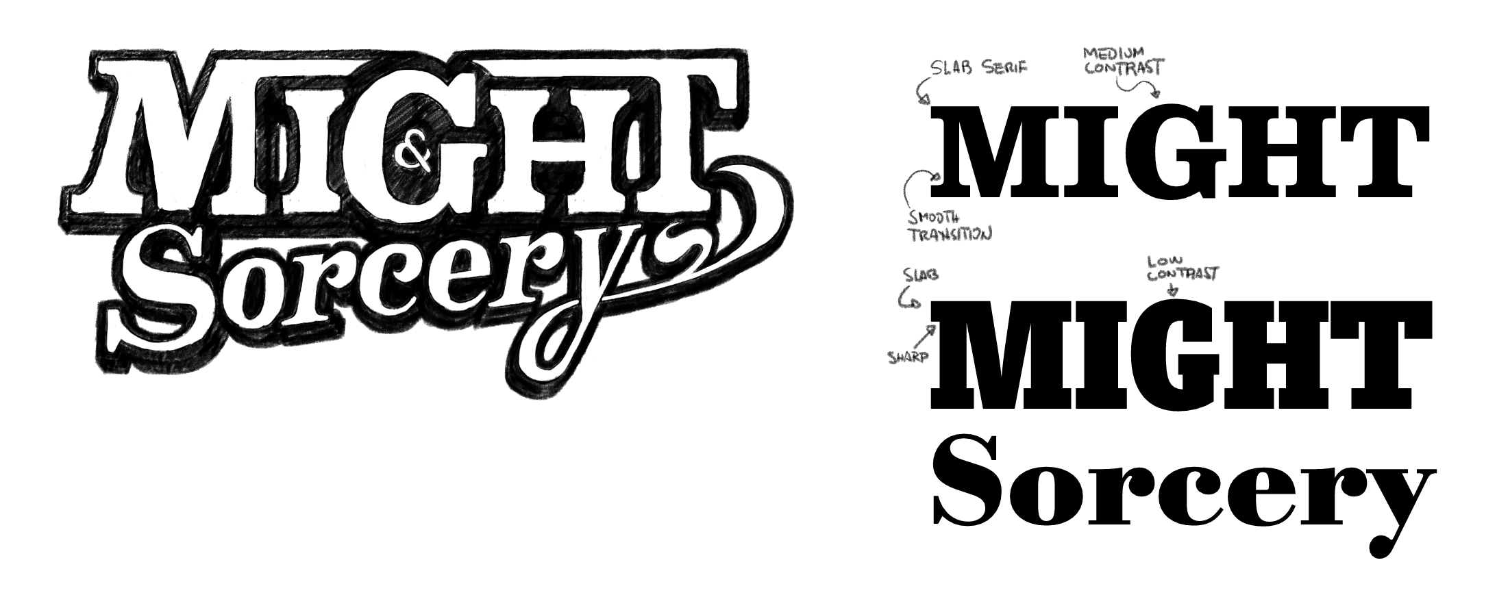 Pencil drawing of the Might & Sorcery logo next to some font explorations over a white background