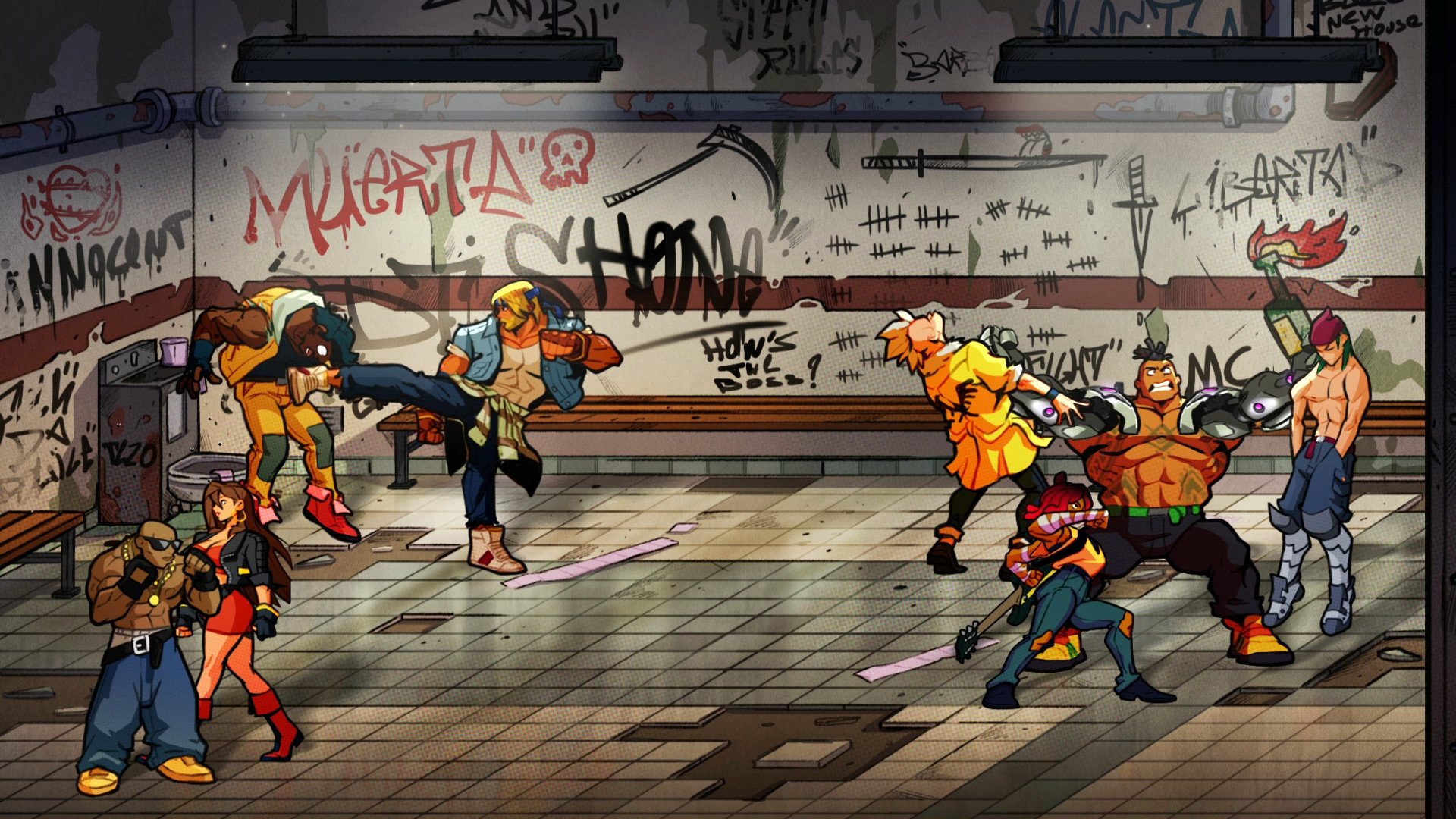 Streets of Rage 4 screenshot featuring stage 2 (the police station). It features Blaze, Axel, Cherry, and Floyd fighting thugs in the prision.