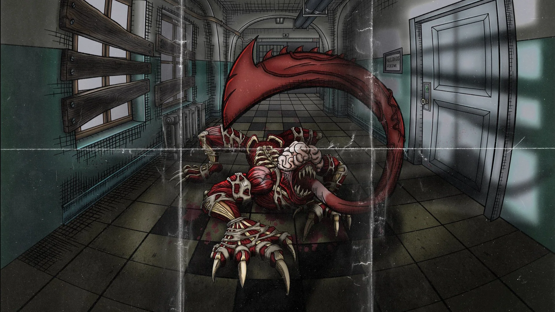 Poster mockup showing a custom-made, comic-style illustration of a RE2 Licker roaming the West wing 1st floor hallway