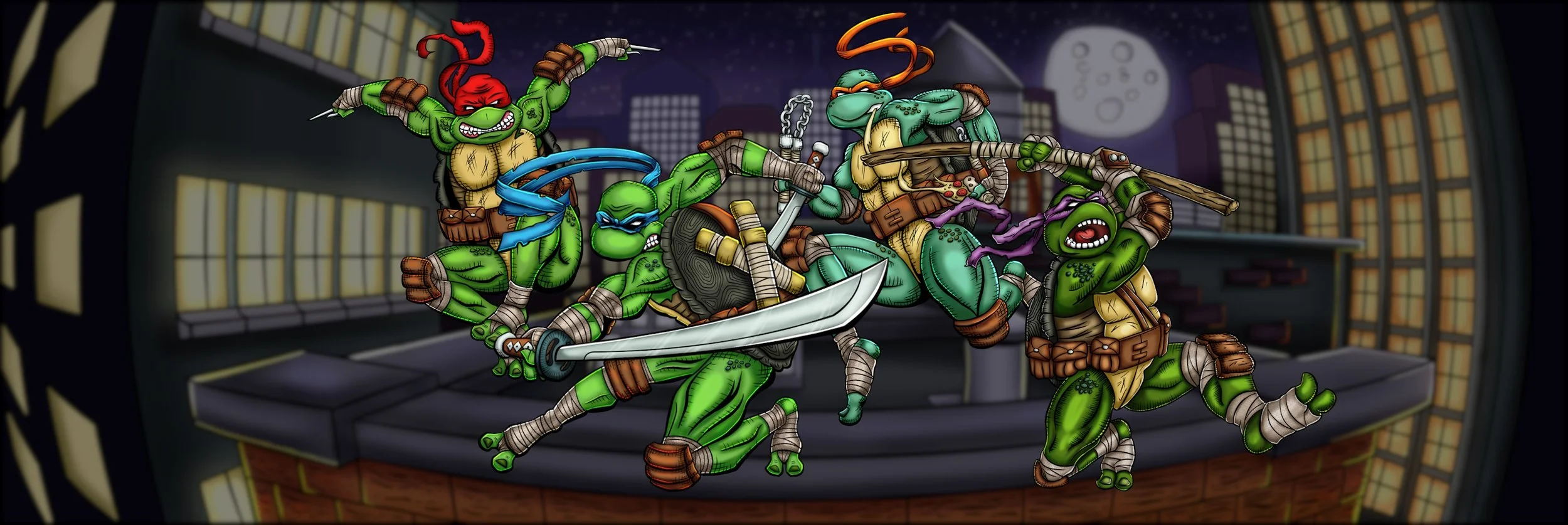 Hand-drawn comic illustration depicting the Teenage Mutant Ninja Turtles jumping over the Manhattan rooftops