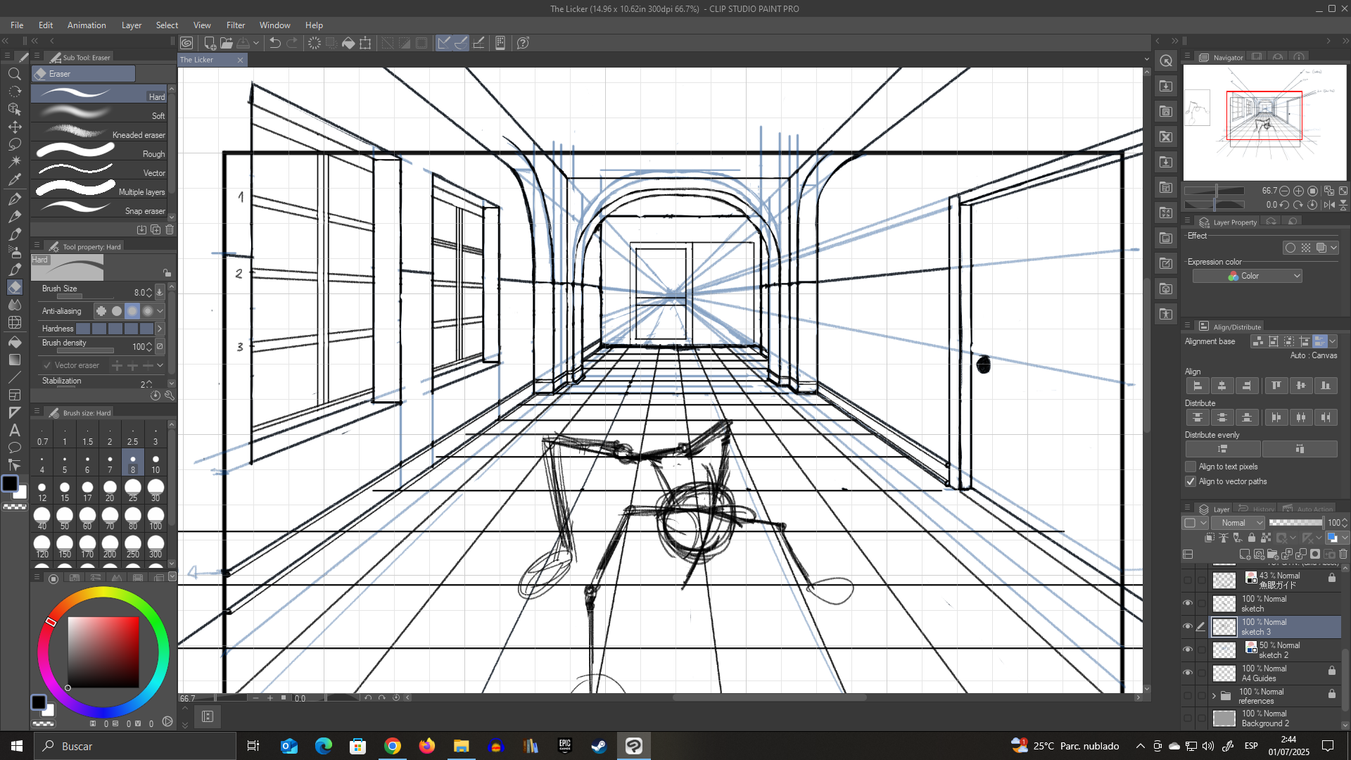 Clip Studio Paint Pro screenshot showing a pencil sketch of the licker over the hallway, on a 1-point perspective grid