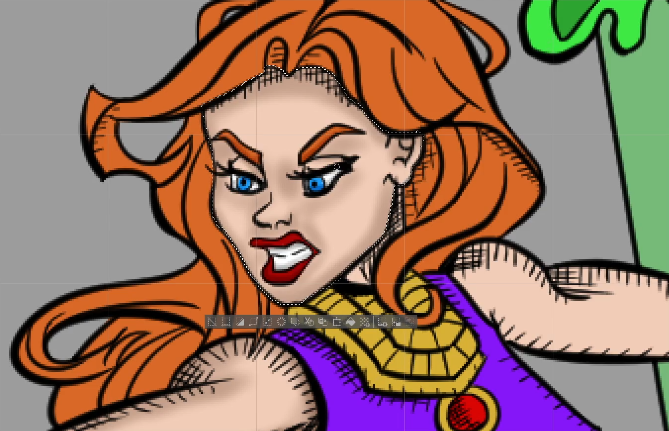 Comic illustration of Saga the sorceress focusing on her head with an aggressive expression. She is a redhead with blue eyes and red lips