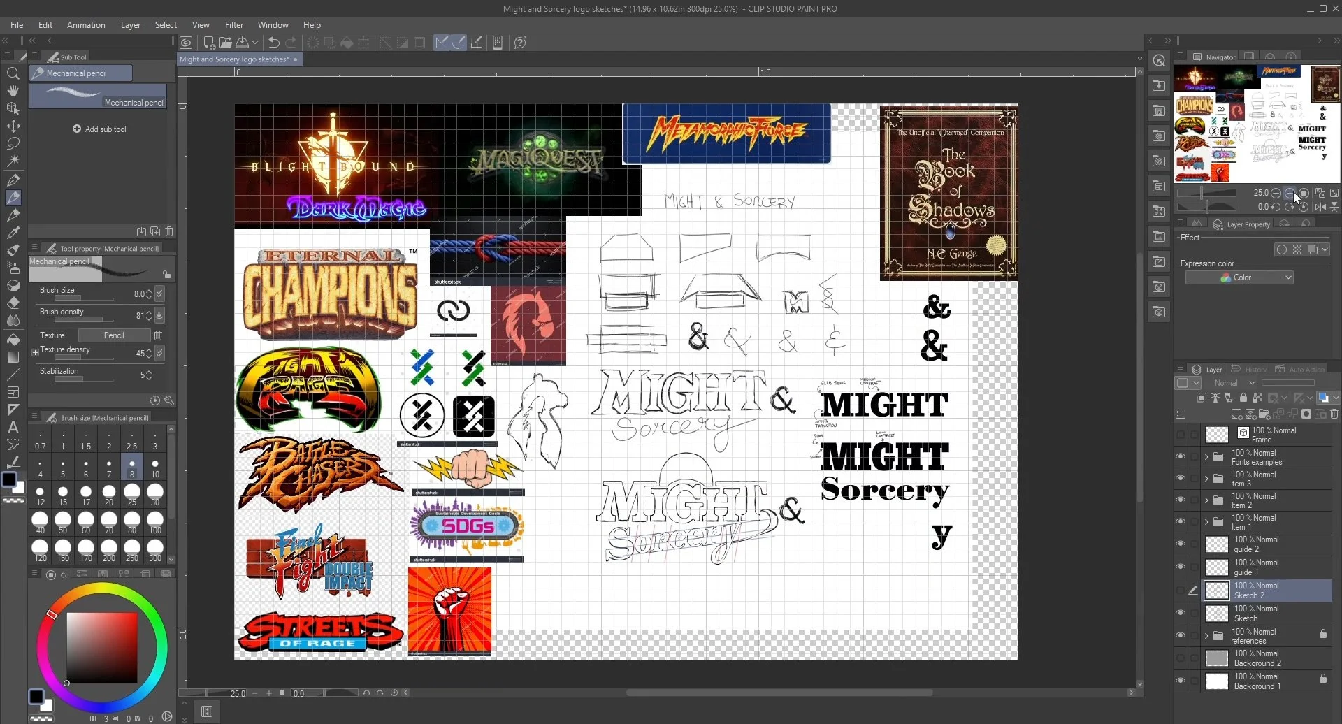 Clip Studio Paint Pro screenshot showin an art board with a set of beat 'em up game logos on the left, and pencil sketches and design explorations on the right