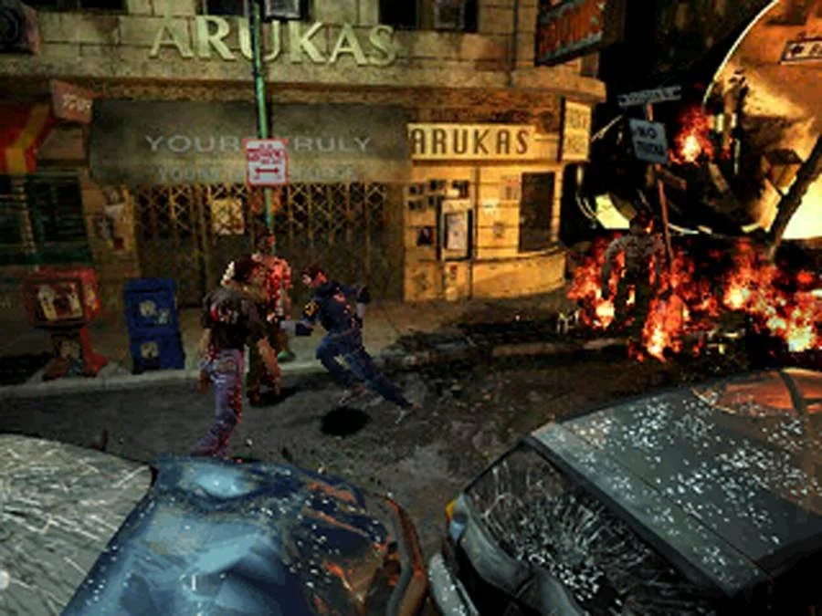 RE 2 Screenshot showing Leon running between zombies in the burning streets of Raccoon City