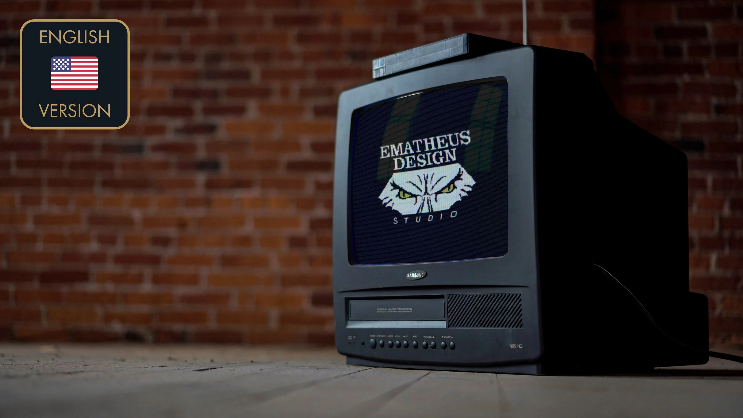 CRT monitor with the Ematheus Design Illustration Studio logo in pixel art. There's a sticker on the top left corner that says "English version"