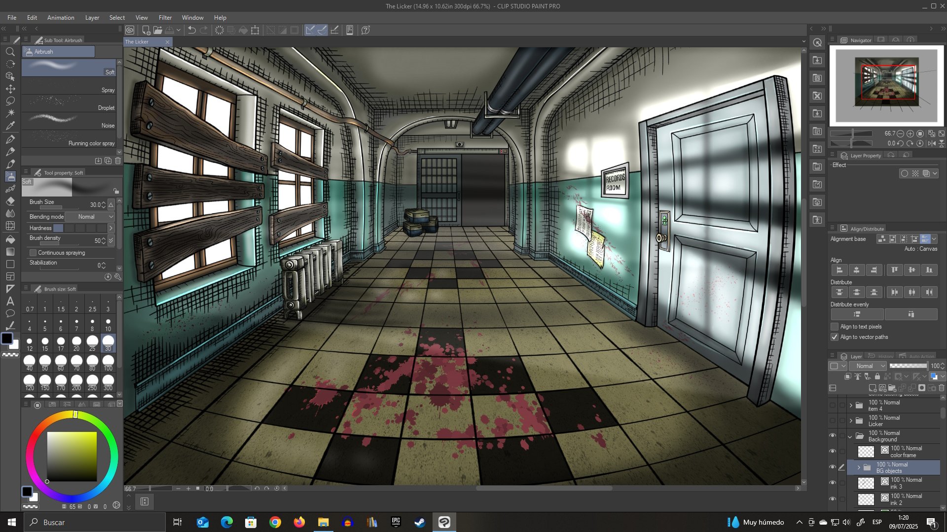 Clip Studio Paint Pro screenshot of a comic-style illustration. It shows a hallway from the RPD with boarded windows and dirty tiled floor