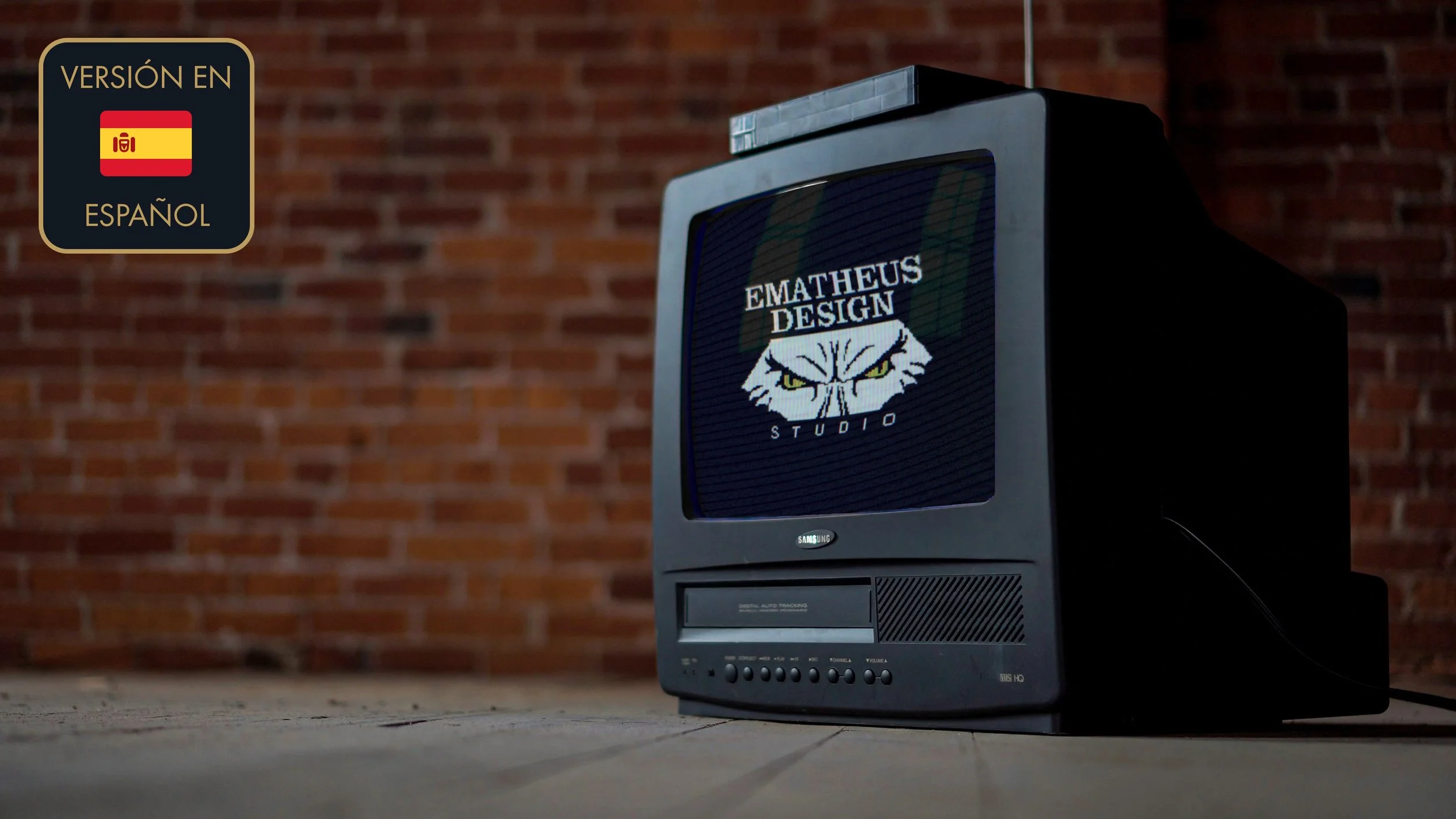 CRT TV monotir with the Ematheus Design Ilustration Studio logo made with pixel art
