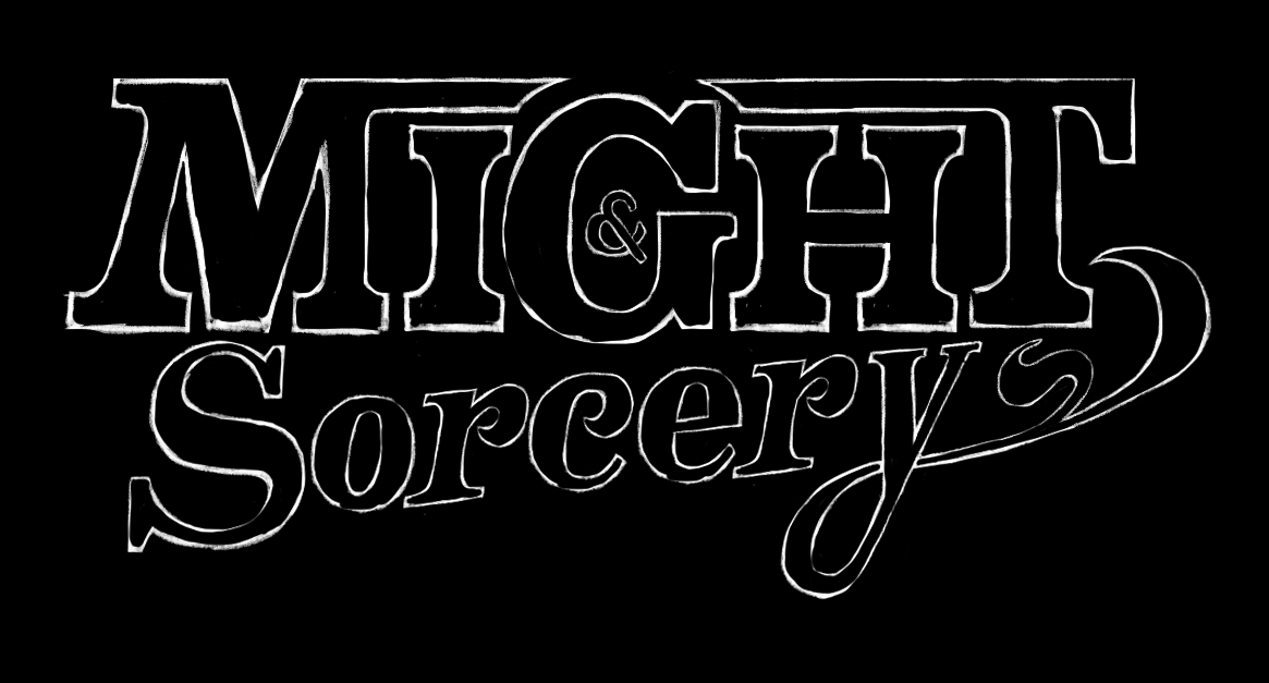 Might & Sorcery pencil sketch drawn in white over a black background