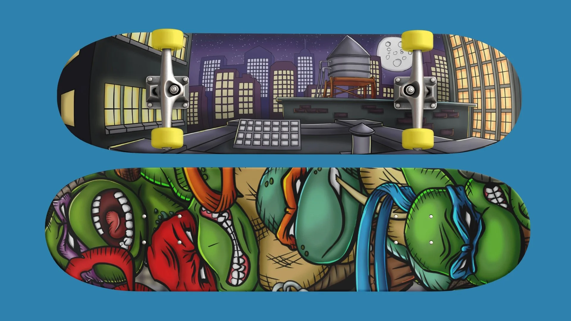 A couple of skateboard mockups (top and bottom surface), depicting custom made TMNT comic-style hand-drawn illustrations