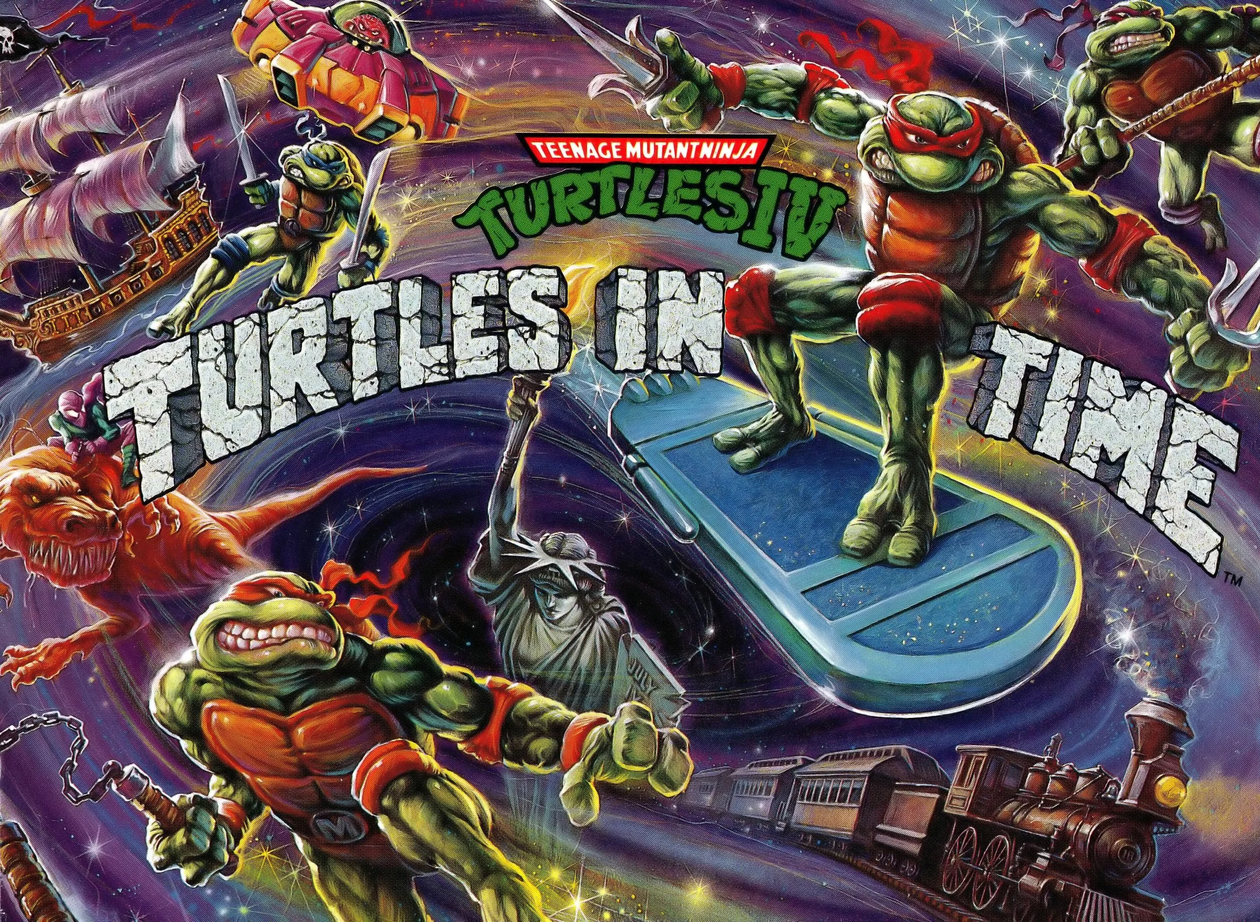 TMNT IV Turtles in Time SNES cover art. It features Leo, Mikey, Donnie and Raph  gliding on a giant wind spiral connecting to time portals