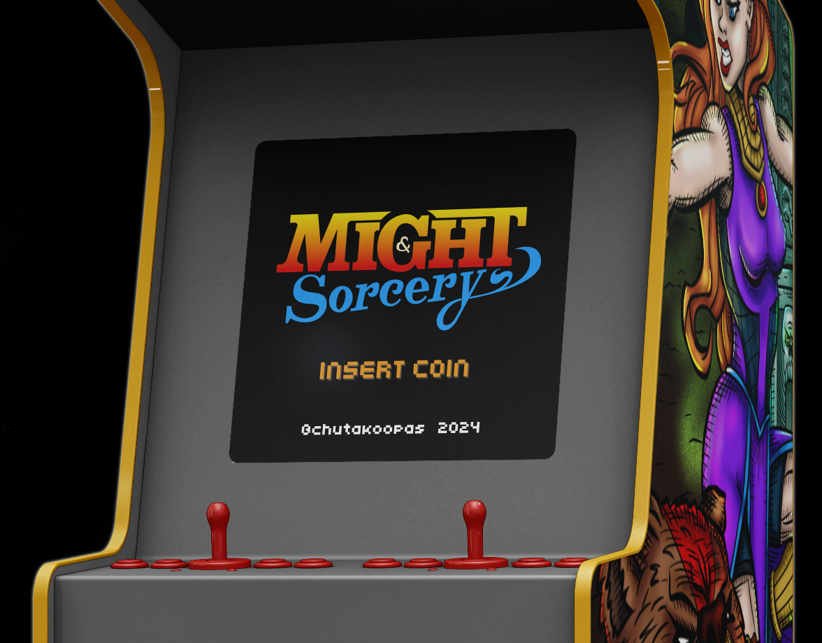 Arcade cabinet screen with Might & Sorcery logo