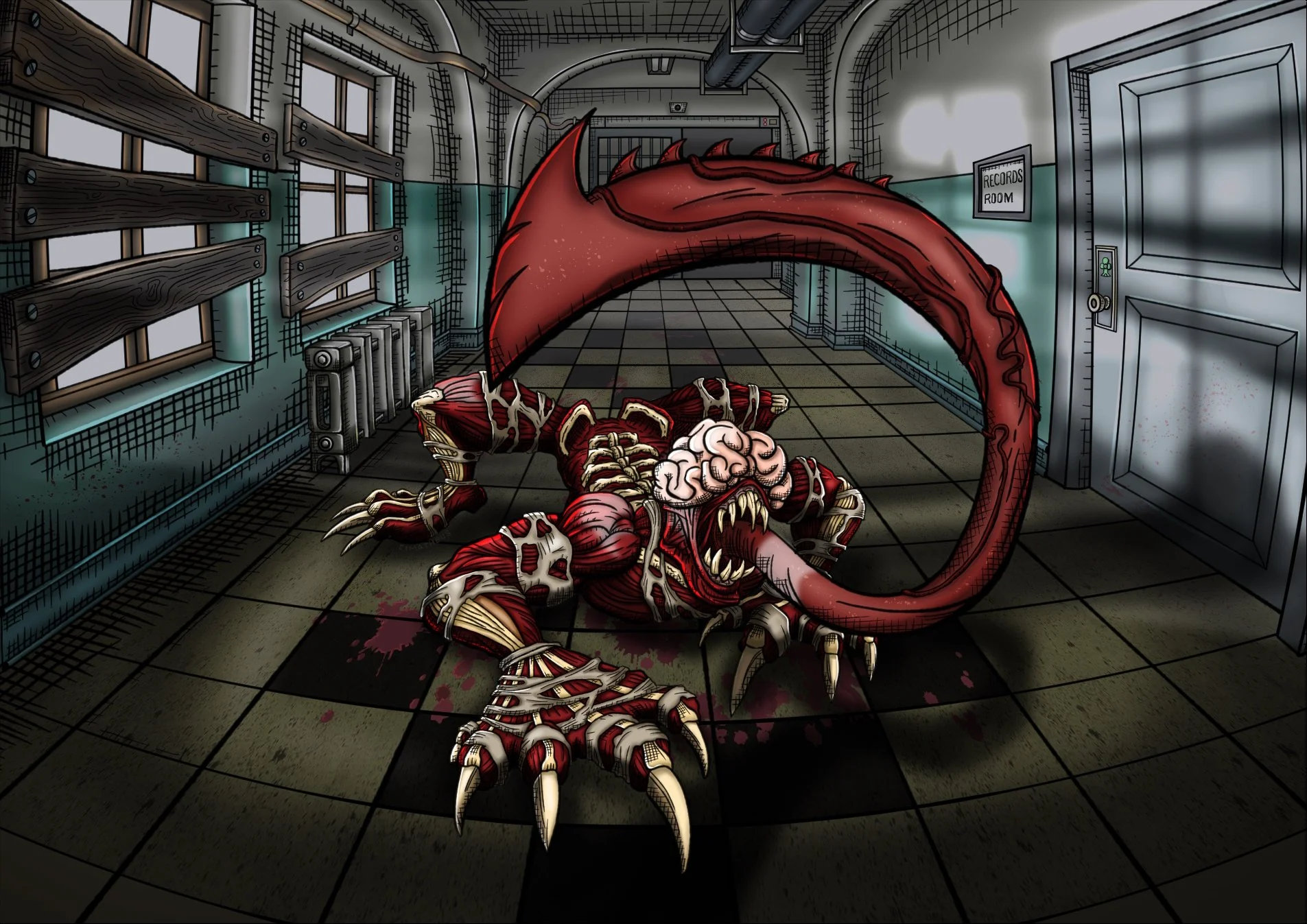 Hand-drawn comic illustration featuring a Resident Evil 2 Licker roaming a dark hallway of the Raccoon City police station