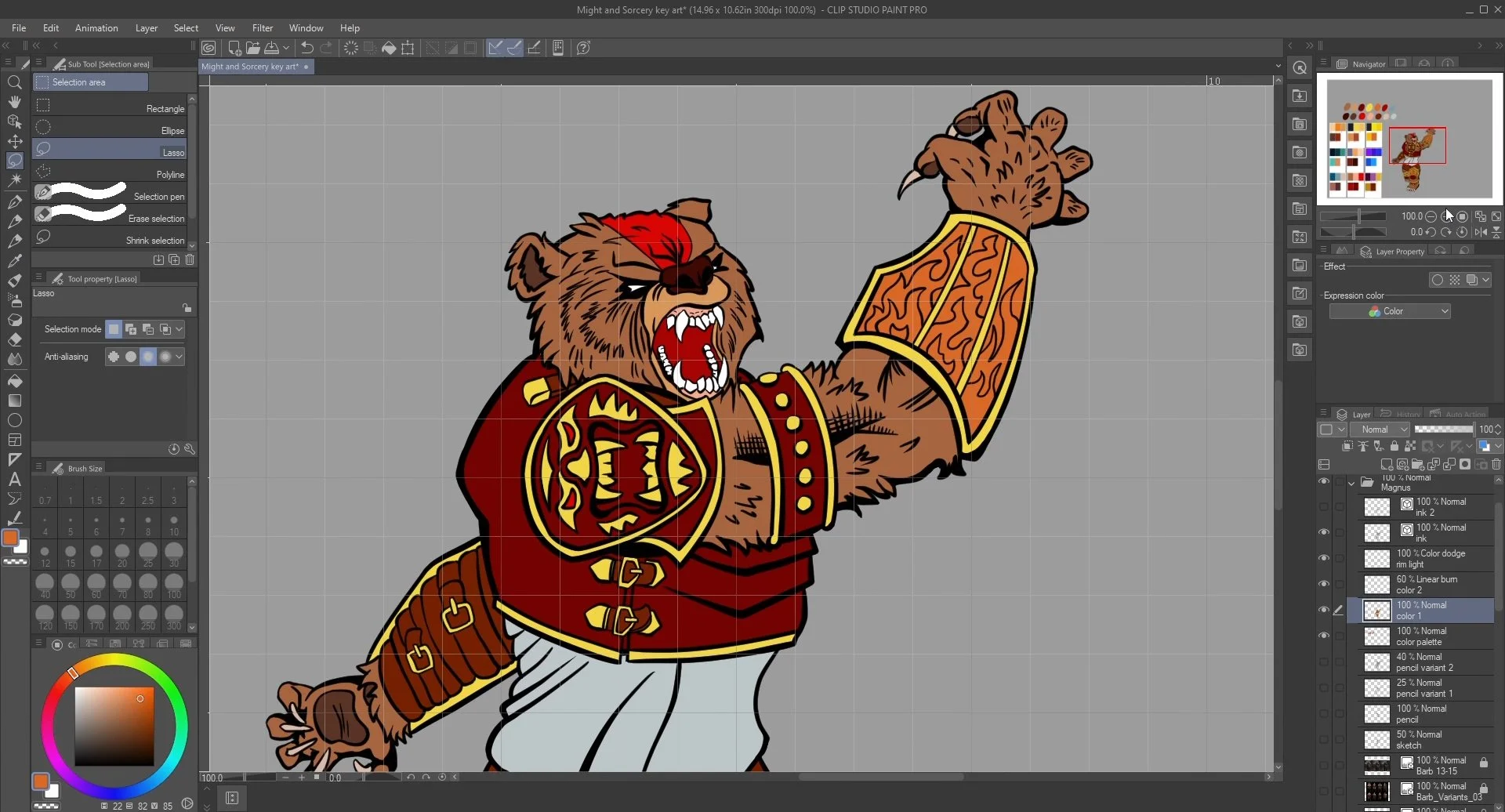 Clips Studio Paint Pro screenshot showing Magnus the werebear drawn with ink and in full color against a grey background.
