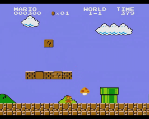 A Super Mario Bros. NES game screenshot showing the start of world 1-1. Mario is standing under the brick blocks while a mushroom is falling from above. The sky is bright blue and there are a couple of clouds.
