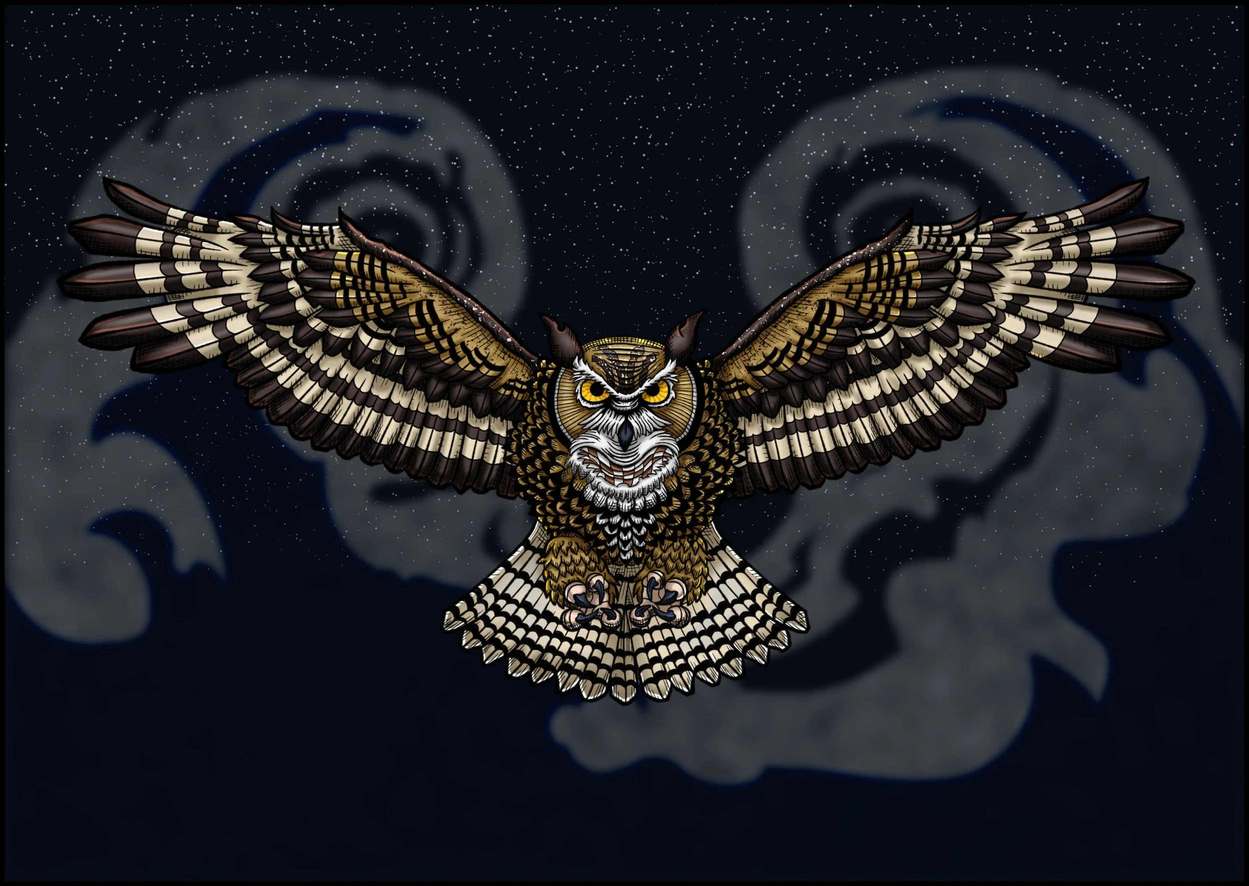 Comic-style, hand-drawn illustration of a horned owl flying towards the viewer on a starry night