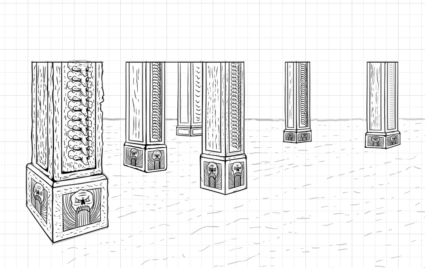 Comic-style ink illustration of column rows with bones and skulls