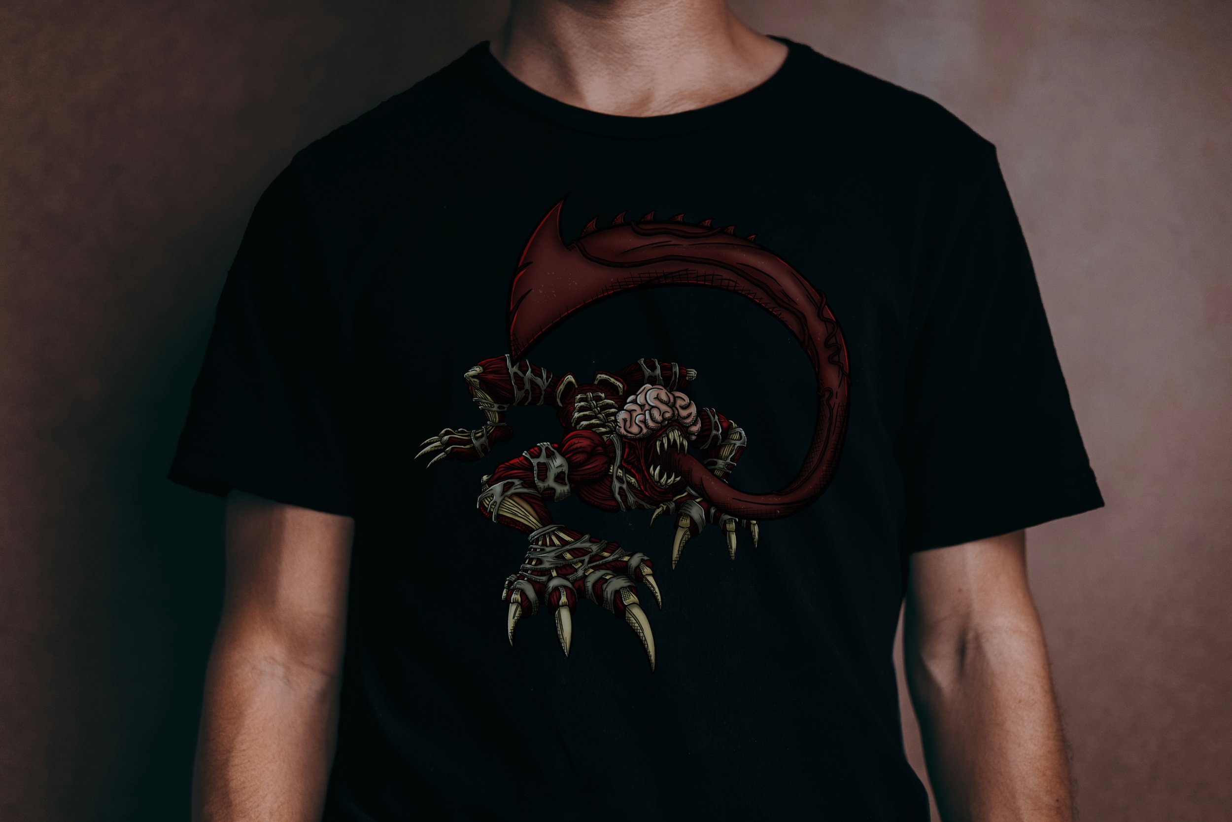T-shirt mockup of a comic-style RE 2 Licker on the chest
