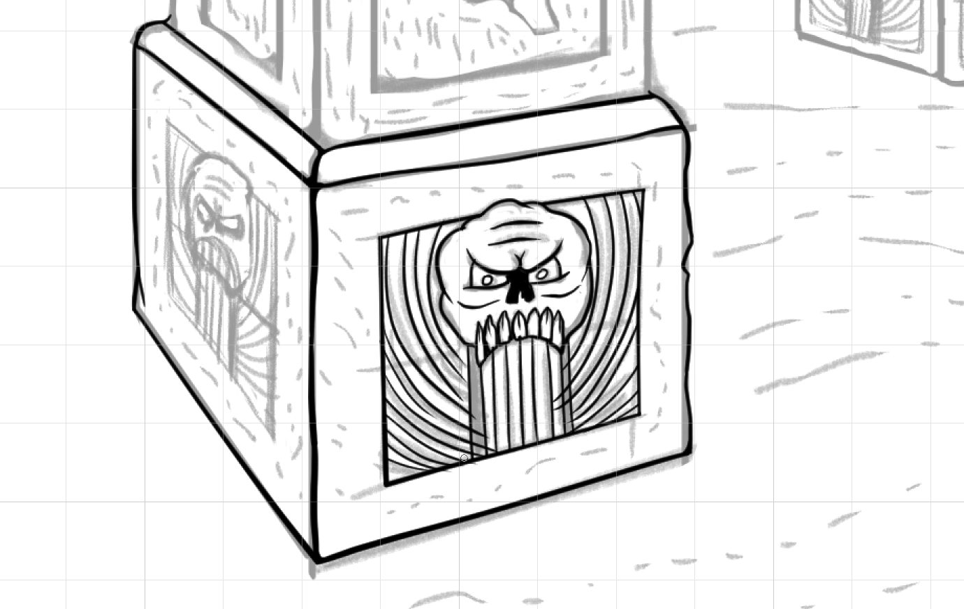 Zoomed-in comic illustration of the base of a column featuring an engraved skull with lines.