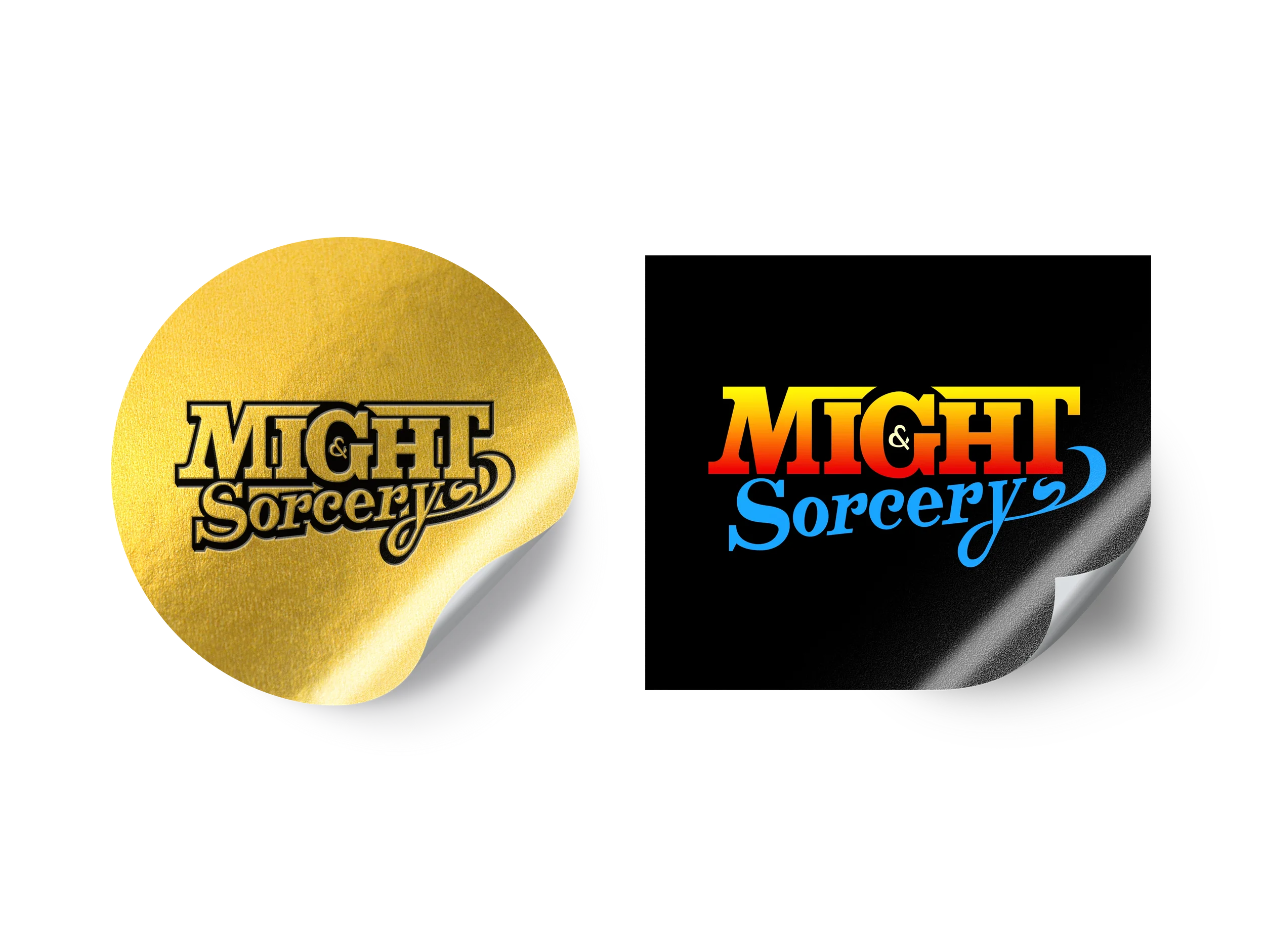Mockups of stickers (one round, one square shaped) featuring a hand-drawn logo that says "Might & Sorcery"