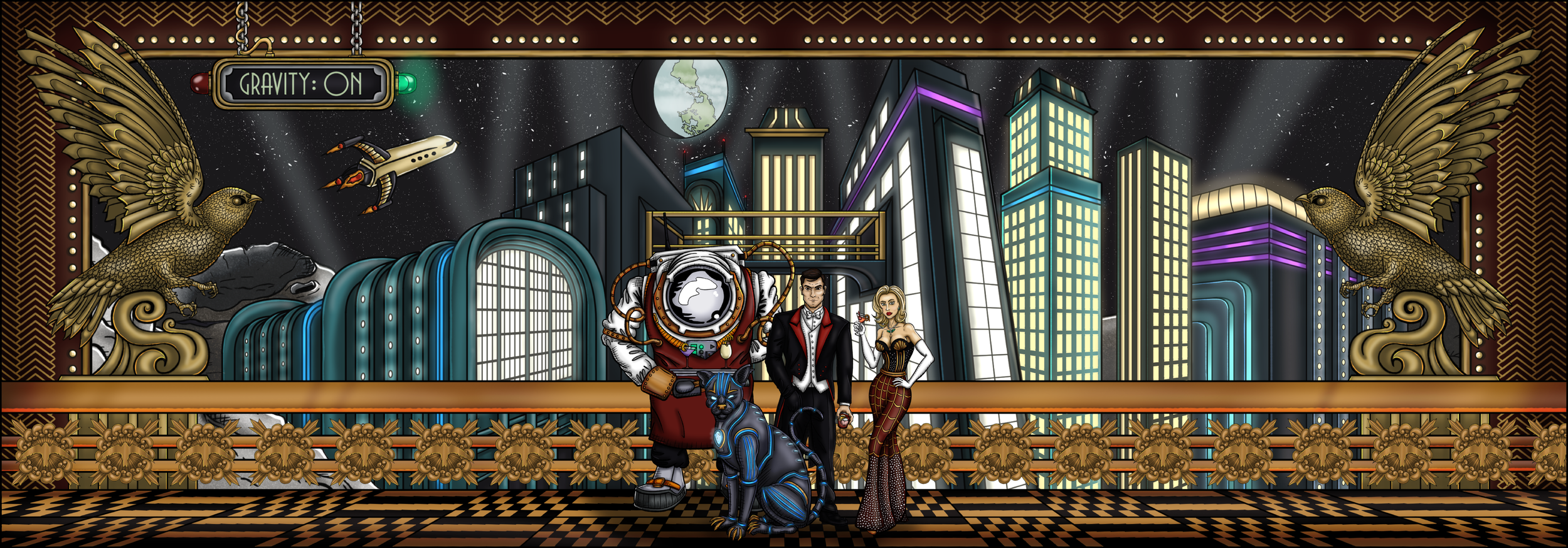 hand-drawn, comic-style illustration of an art deco restaurant on the moon, featuring an elegant couple accompanied by a big cyborg cat and a robot astronaut dressed as a waiter