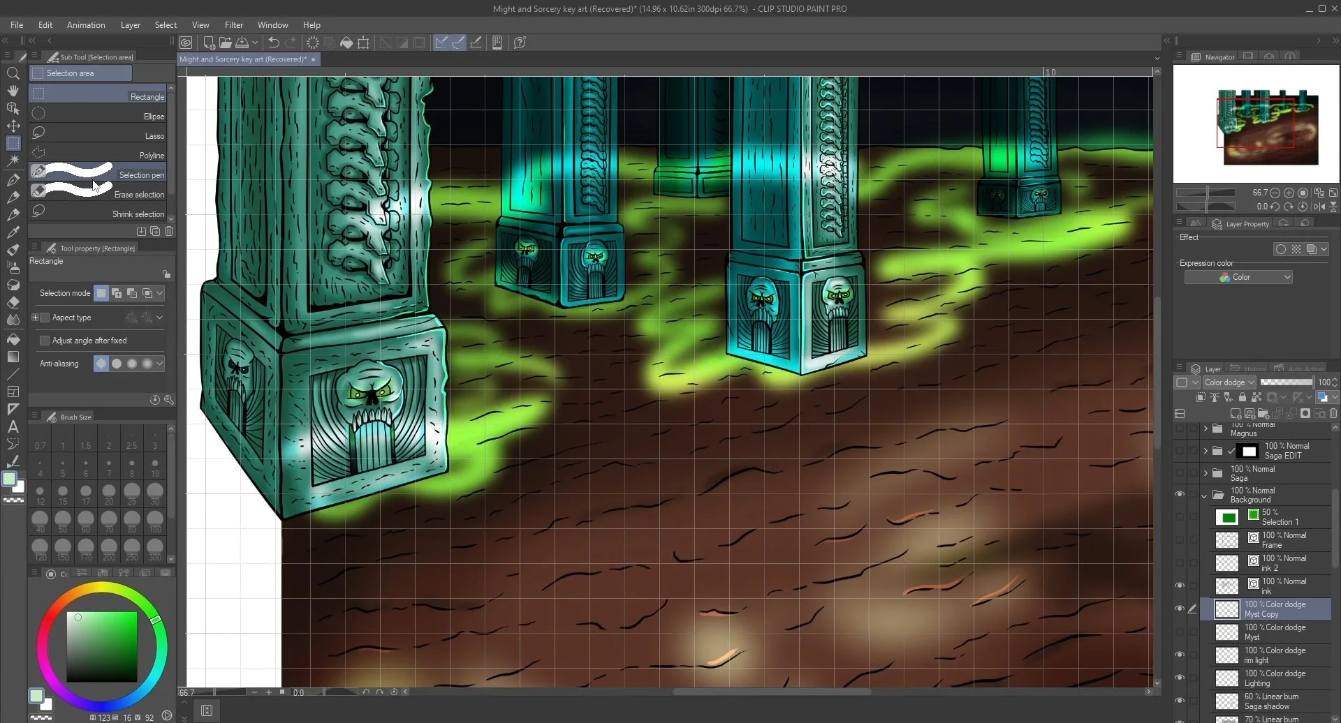 Clip Studio Paint Pro screenshot showing a comic illustration of the columns linework with completed coloring and shading.