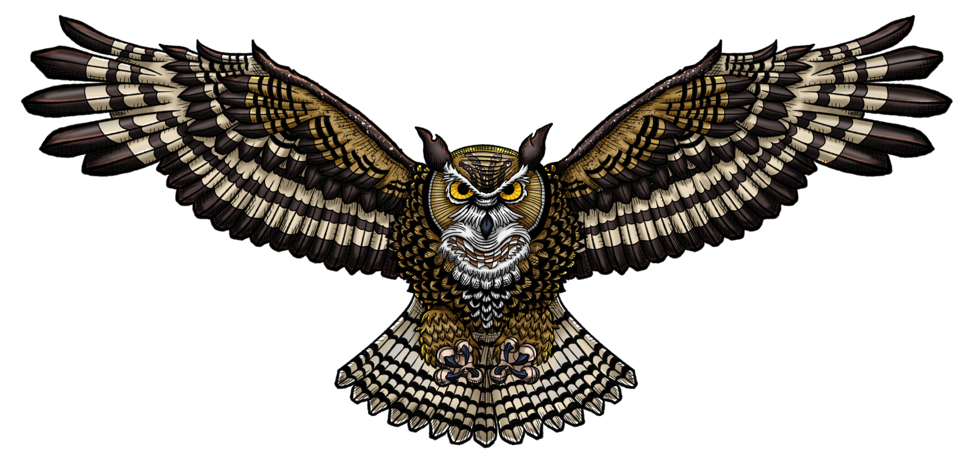 Comic-style illustration of a great horned owl in flight. The owl has both wing spread wide, looking straight at the viewer with bright yellow eyes and orange stripes.