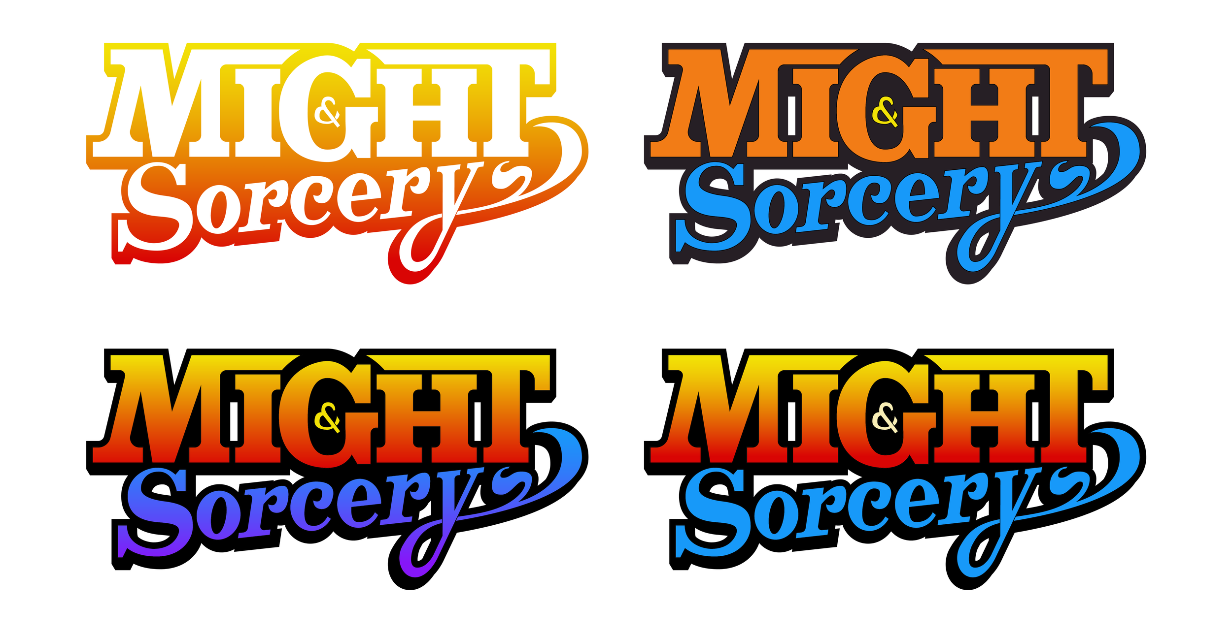 Might & Sorcery logo exploration with different color combinations. Top left: a gradient of yellow to dar orange. Bottom right: "Might" has a gradient of yellow to orange, and "Sorcery" is light blue.