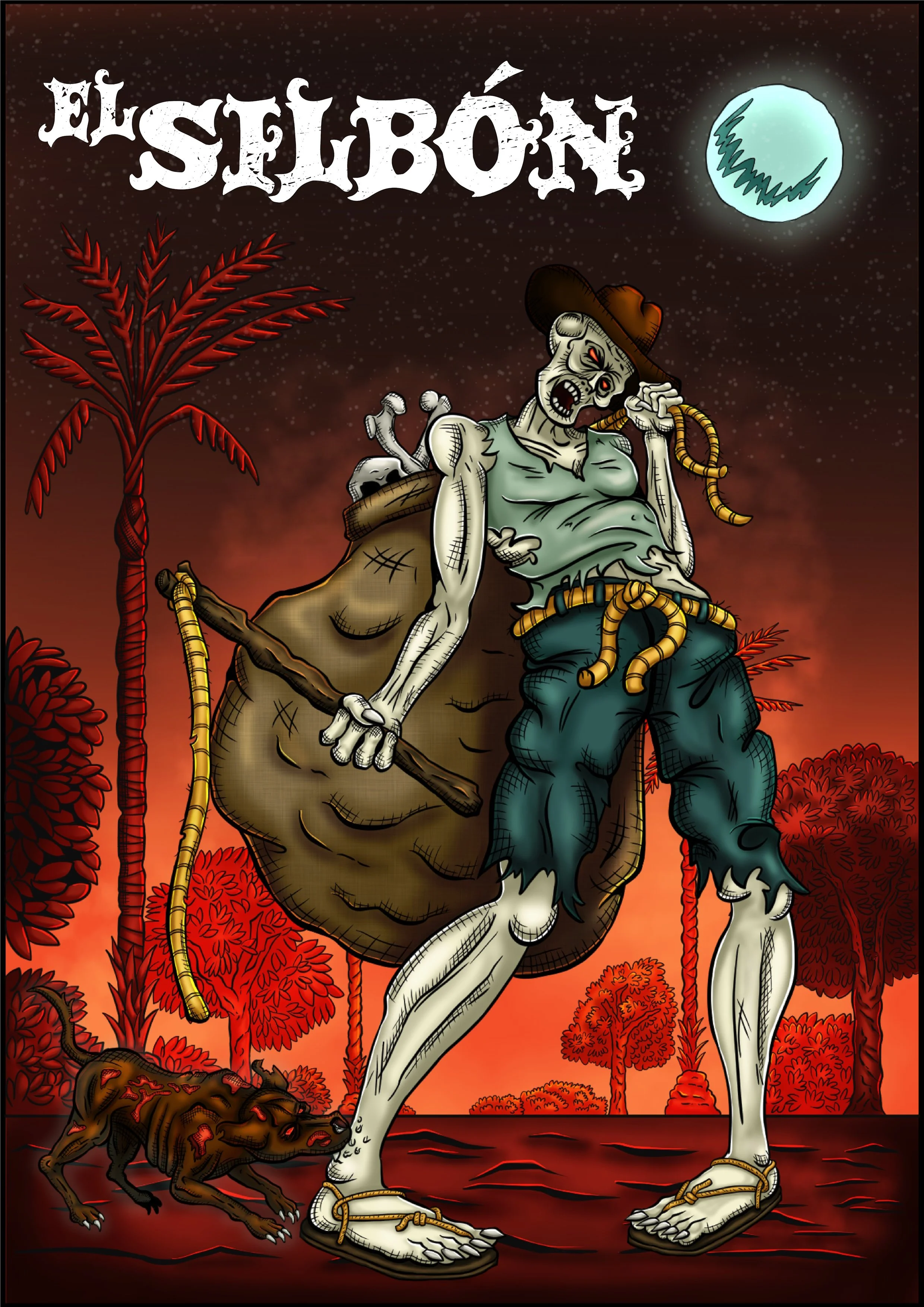 Comic-style, hand-drawn illustration of "El Silbón" (The Whistler). It features the menacing ghoul standing on the venezuelan plains at night, under the moonlight.