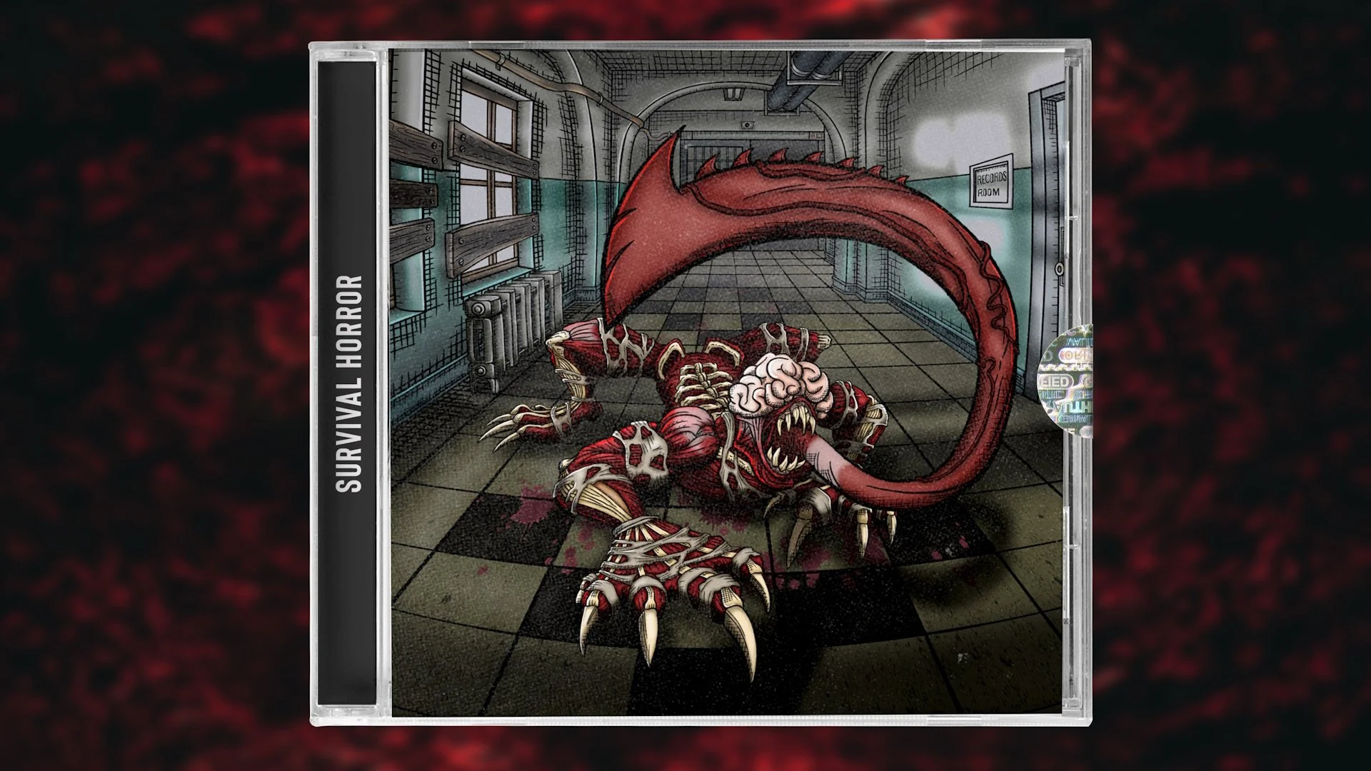 Video game CD cover mockup showing a custom comic-style illustration of a RE 2 Licker roaming the hallways of the RPD