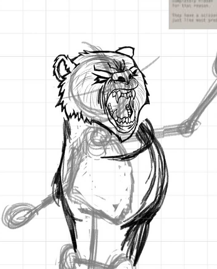 A pencil sketch of Magnus the werebear. It shows the head with a menacing expression, and rough strokes starting to shape the body.