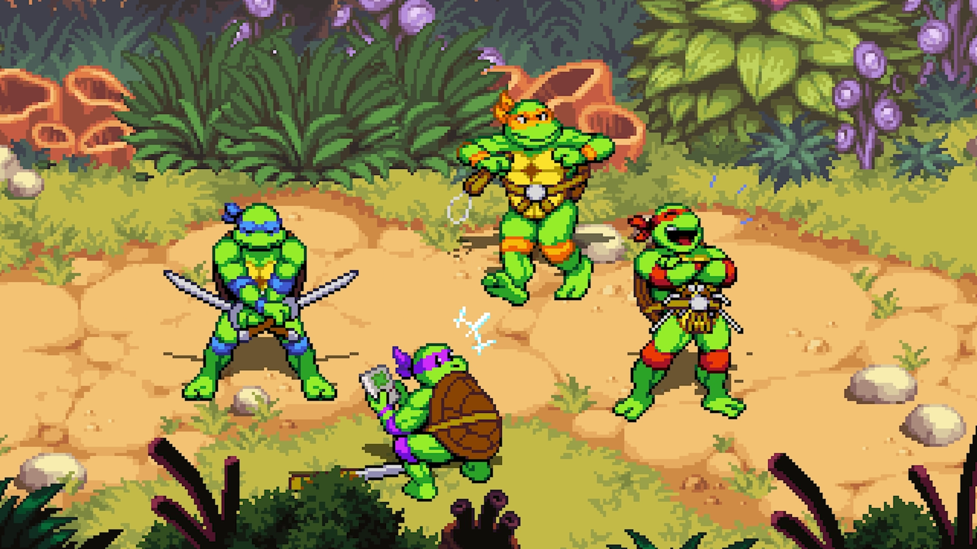 A TMNT: Shredder's Revenge game screenshot showing Leo, Mikey, Donnie, and Raph on a jungle envrionment.