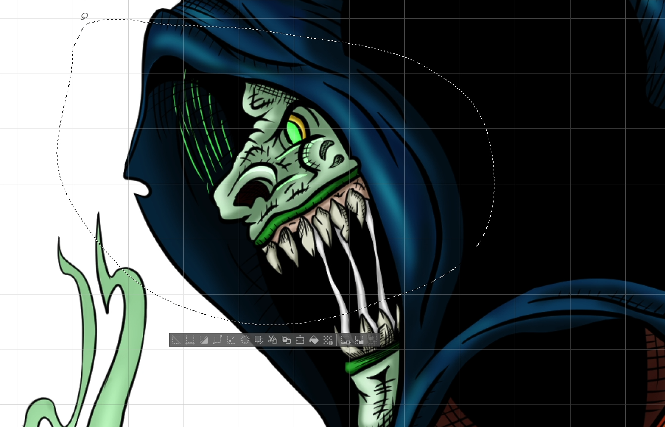 Clip Studio Paint Pro screenshot showing a comic-style drawing of the summoner's head in full color. The lasso tool is being used to select a portion of the face.