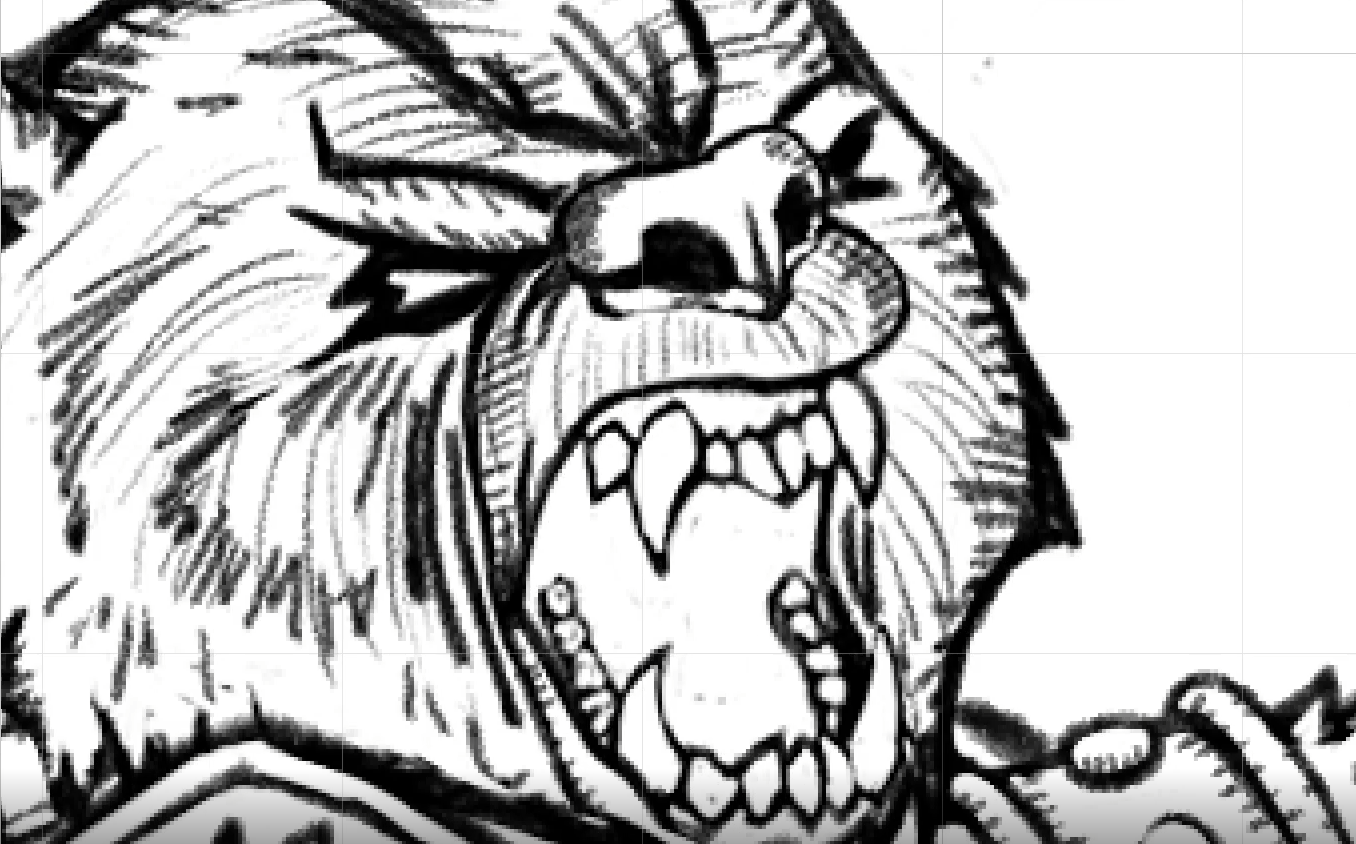 Pencil drawing of Magnus the werebear. It is a close-up of the character's face focusing on the gaping mouth with sharp teeth and all-white eyes.