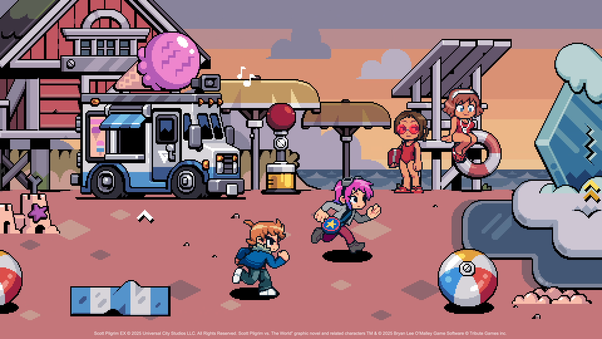 A Scott Pilgrim EX game screenshot featuring Scott and Ramona running on the beach.