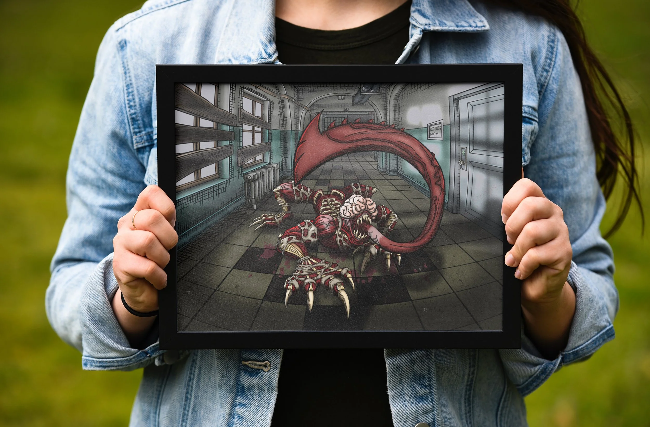 Mockup. A person holding a framed comic-style illustration of a RE 2 Licker roaming the West wing 1st floor hallway of the RPD