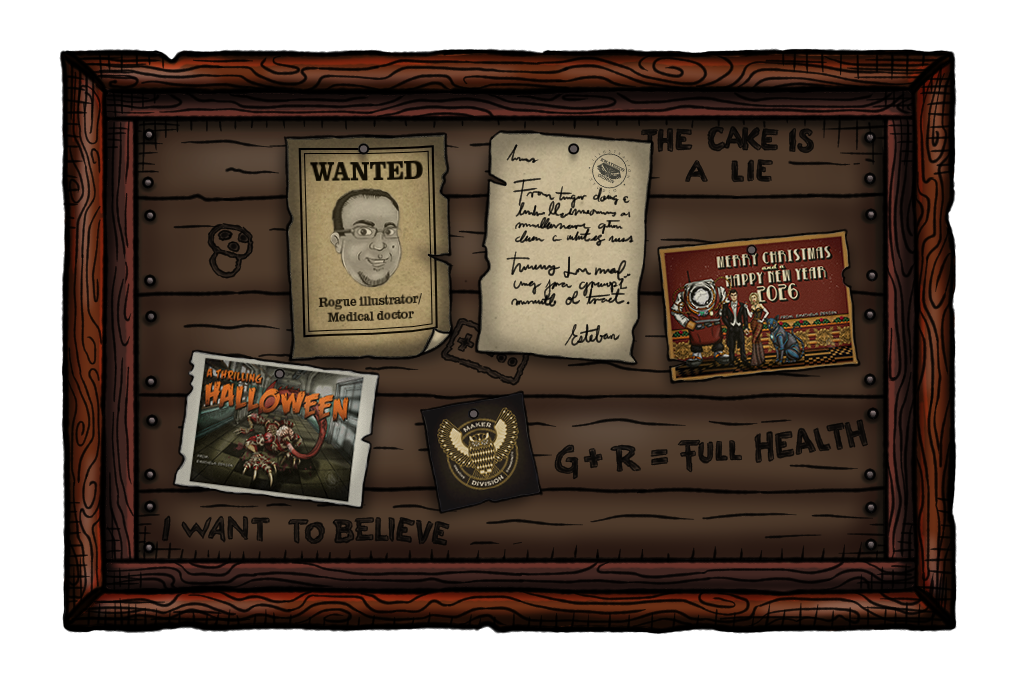 Comic illustration of a wooden notice board with 5 posts. There are two postcards, a hand-written letter, a square card with the Maker Division logo, and a cartoonish "Wanted" sign.