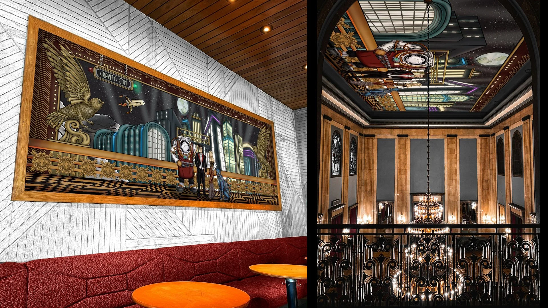 Framed painting mockup and ceiling painting mockup. They show a comic-style extra-wide landscape illustration with art deco theme. illustration