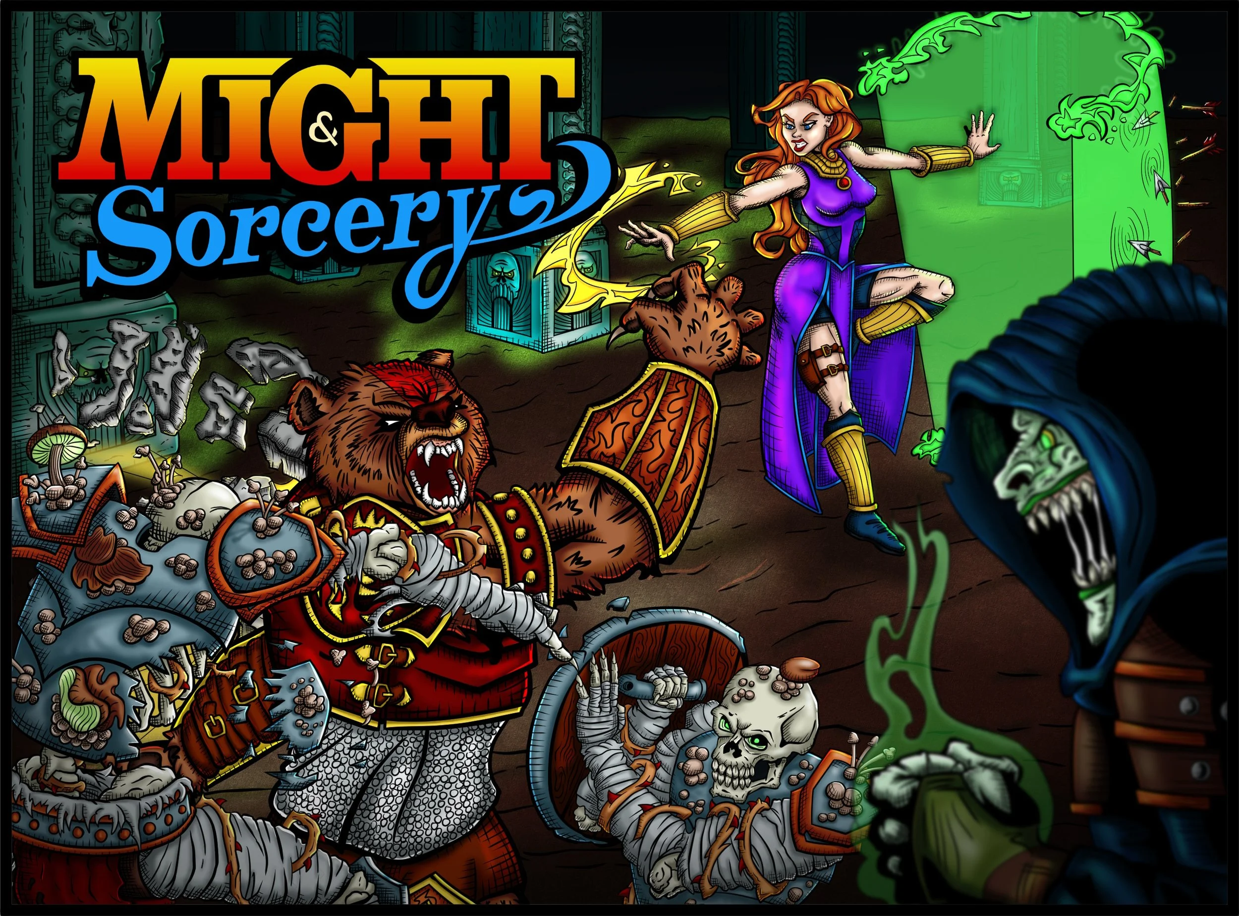 Vibrant hand-drawn, comic style illustration featuring a battle scene between a werebear wearing armor and a beautiful sorceress wearing a purple battle dress, against evil skeleton warriors and a menacing undead summoner