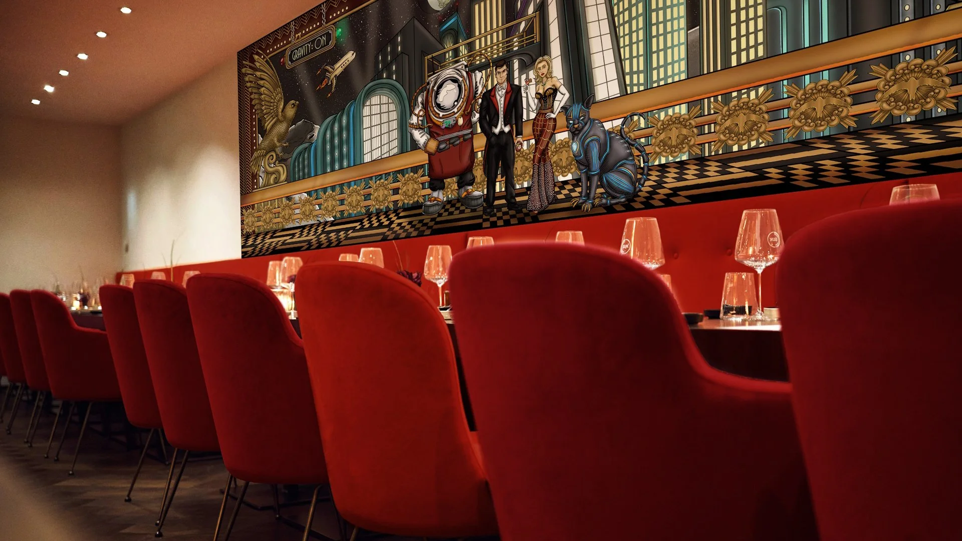 Mockup of a restaurant mural. Art deco themed comic-style illustration.