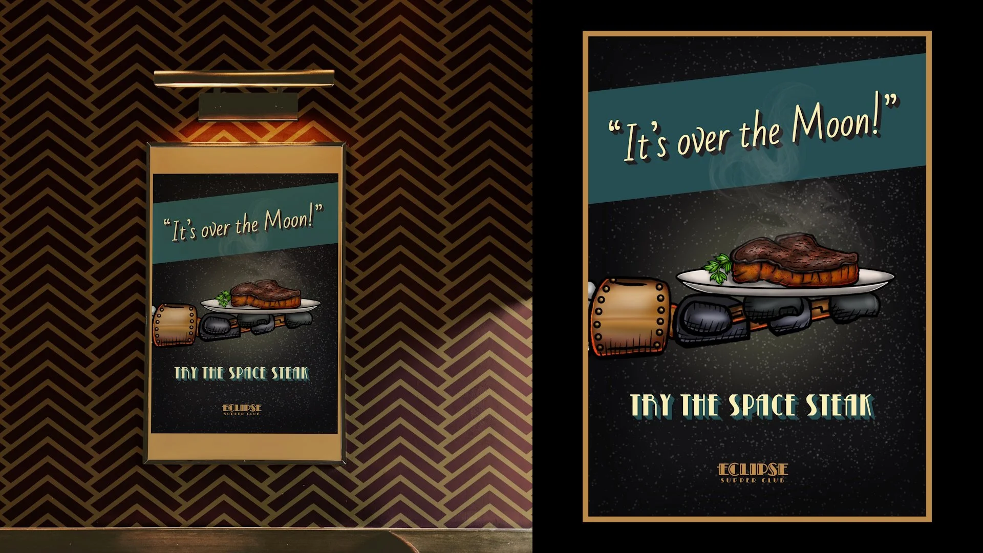 Poster mockup for the Eclipse Supper Club. It shows a robot arm with a big steak on a plate against a starry space.